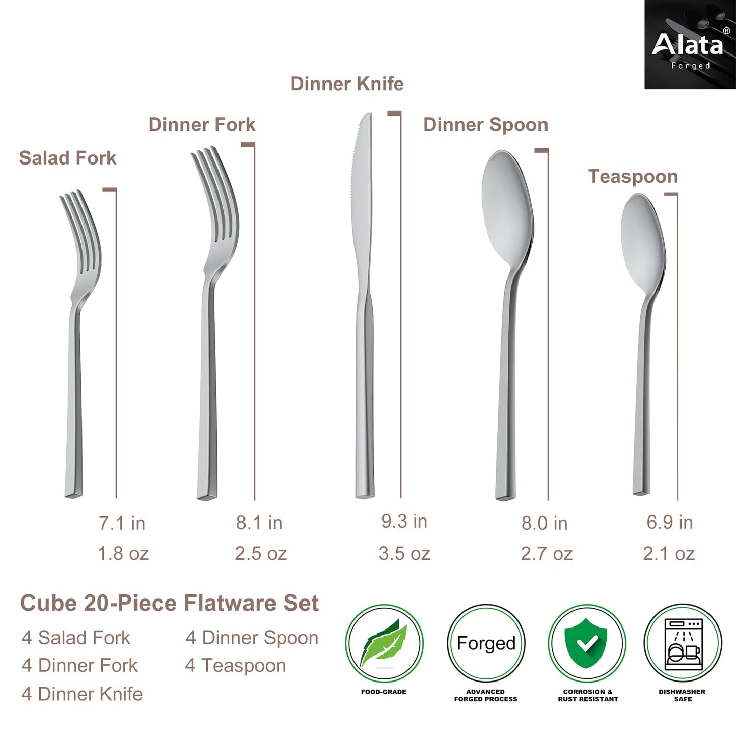 Alata Cube 20-Piece Forged Silverware Set Stainless Steel Flatware Set,Service for 4,Matte Satin Polished Cutlery Set,Dishwasher Safe