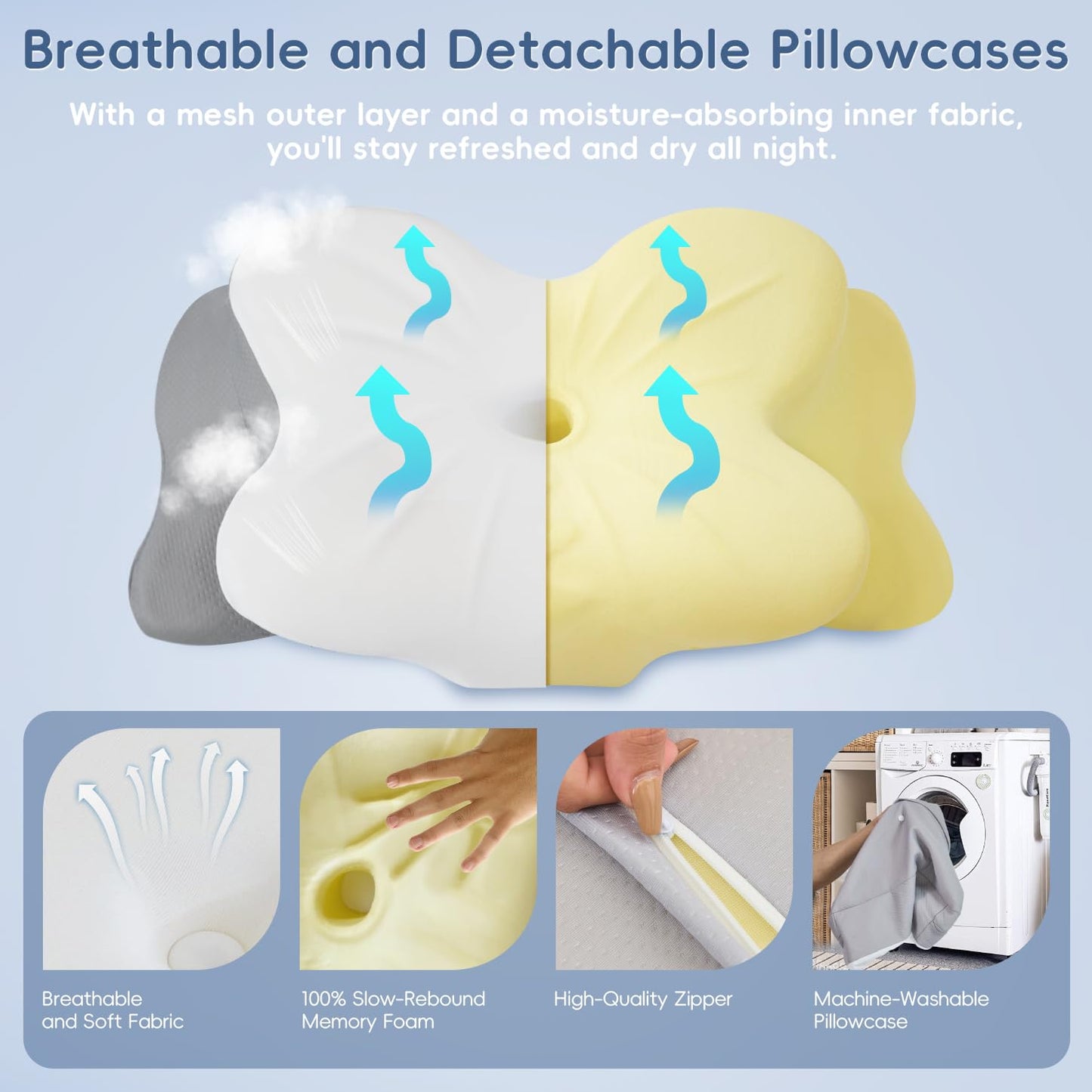 Fyova Cervical Neck Pillow, Ergonomic Memory Foam Pillows for Neck Pain Relief with Breathable Pillowcase, Adjustable Contour Neck Support Pillow for Side Back Stomach Sleepers, Odorless