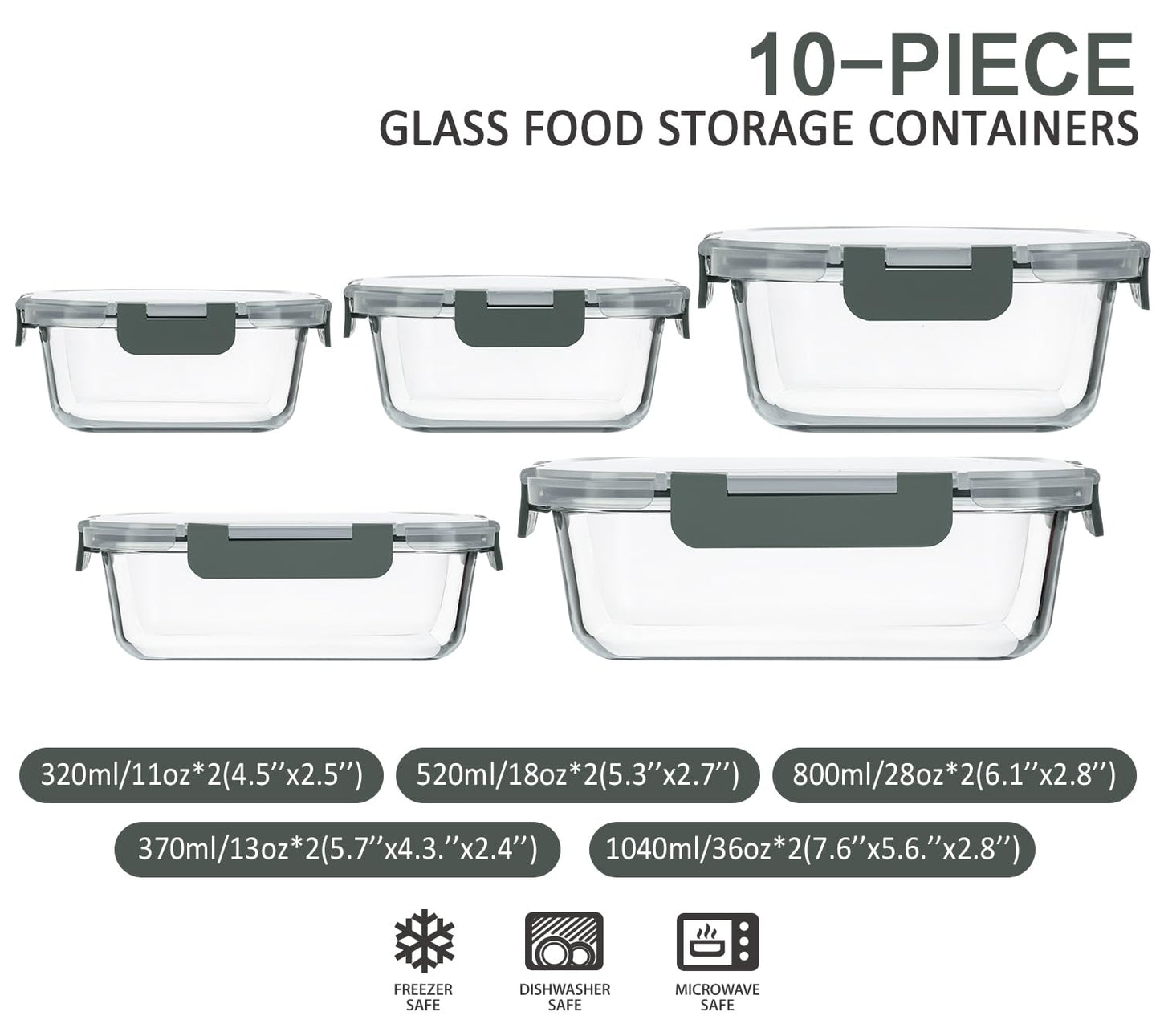 M MCIRCO 10-Pack Glass Food Storage Container with Lids, Airtight Lunch Bento Boxes, Glass Meal Prep Container,Microwave, Oven, Freezer and Dishwasher Friendly