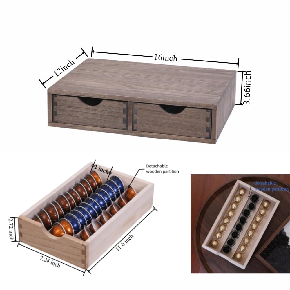 DDYURI Coffee Pods Storage Drawer Holder for Capsules - Multi Functional Desk Organizer Drawers For K cups Coffee Maker Brew - Kitchen Mini Wooden Box Chest Sideboard Counter Organization CF1D2C Dark