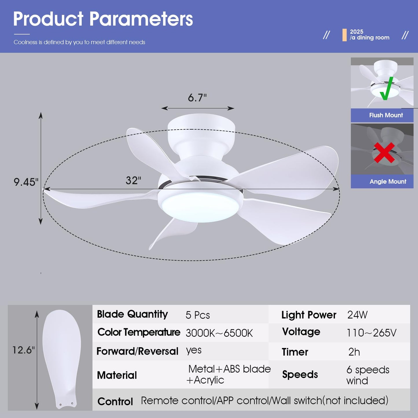 Kviflon 32 Inch Modern Ceiling Fans with Lights, Small Flush Mount Ceiling Fan with Light and Remote/APP Control, 5 Reversible 6 Speeds Curved Blades, 3 CCT Dimmable Lights for Kids Room, White