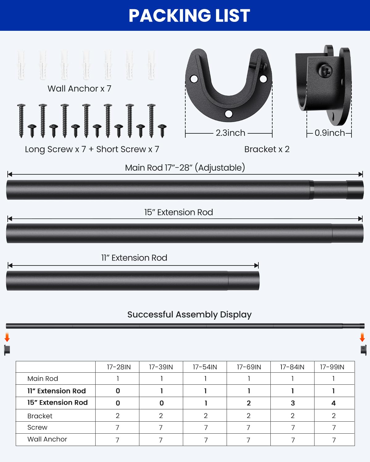 Supforce 3 PACK Closet Rods for Hanging Clothes, 17 to 84 Inches Stepless Adjustable Metal Closet Rod, 1.3 Inches Heavy Duty Clothes Hanging Rod for Closet Wardrobes Laundry RV, Black