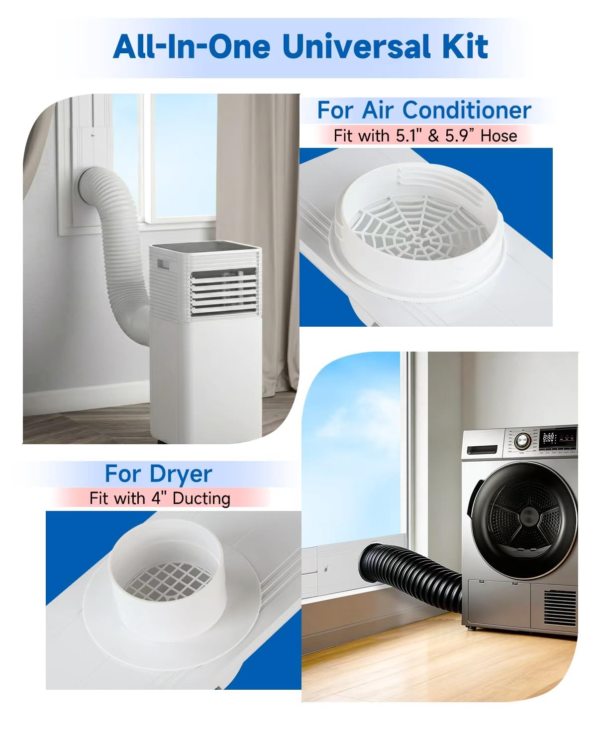 2026 Upgraded Portable Air Conditioner Window Kit with Exhaust Hose, Universal 4.0/5.1/5.9 Inch Seamless Window Vent Kit for AC & Dryer, 17" to 60" Adjustable Window Seal kit with Rain Guard & Mesh