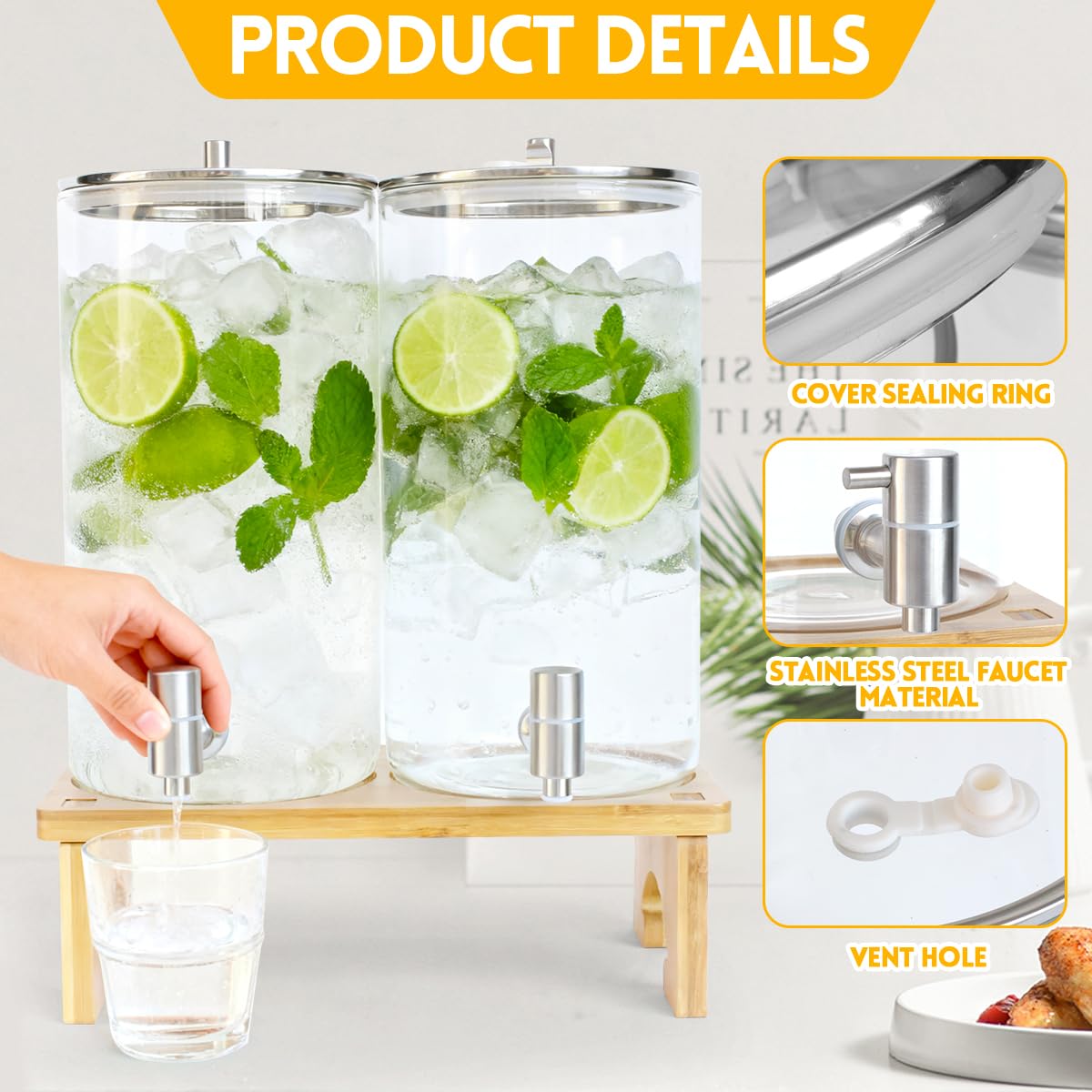 2 Pack 1.5 Gallon Drink dispenser with Stand，Glass Beverage Dispenser With Wood Stand, 18/8 Stainless Steel Spigot and Labels Large Water Drink Dispensers for Parties, Lemonade,Juice, Tea