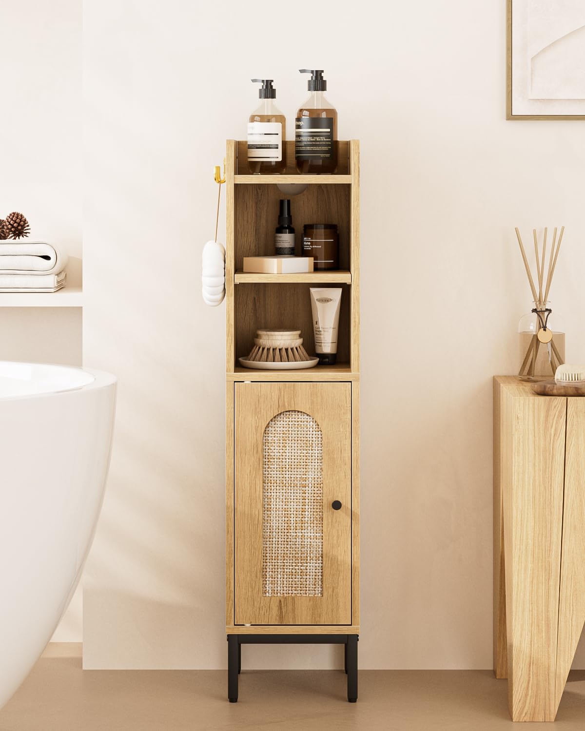 AEPOALUA Bathroom Storage Cabinet, Small Corner Floor Hutch with 2Hooks,Narrow Toilet Paper Cabinet with Rattan Door,Bathroom Organizer with Adjustable Shelf, for Small Spaces,Oak
