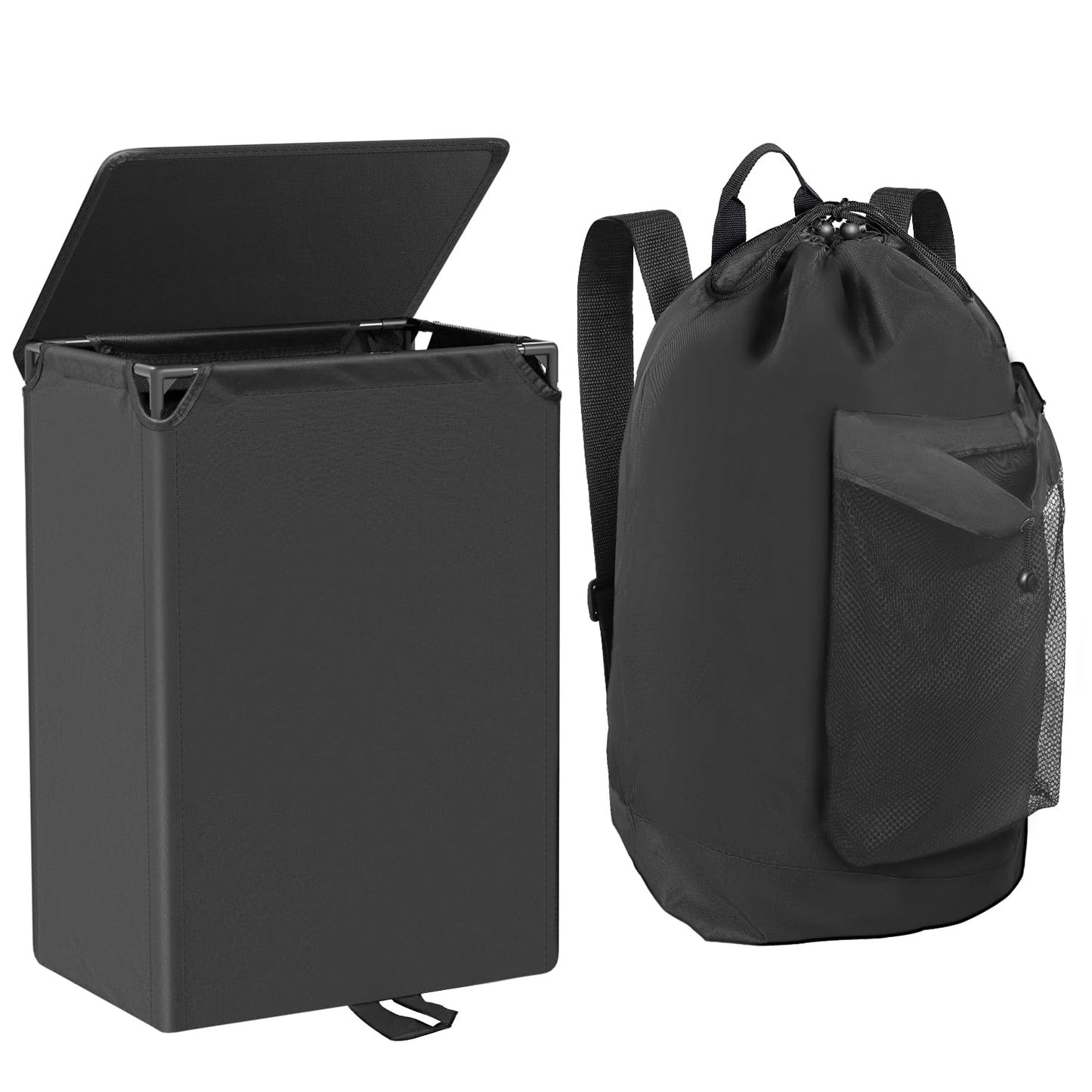 Foluck 60L 2-in-1 Laundry Hamper with Laundry Backpack, Waterproof Basket with Lid, Laundry Bag with Shoulder Straps and Mesh Pocket, Hamper for College Dorm, Travel, Apartment, Laundromat