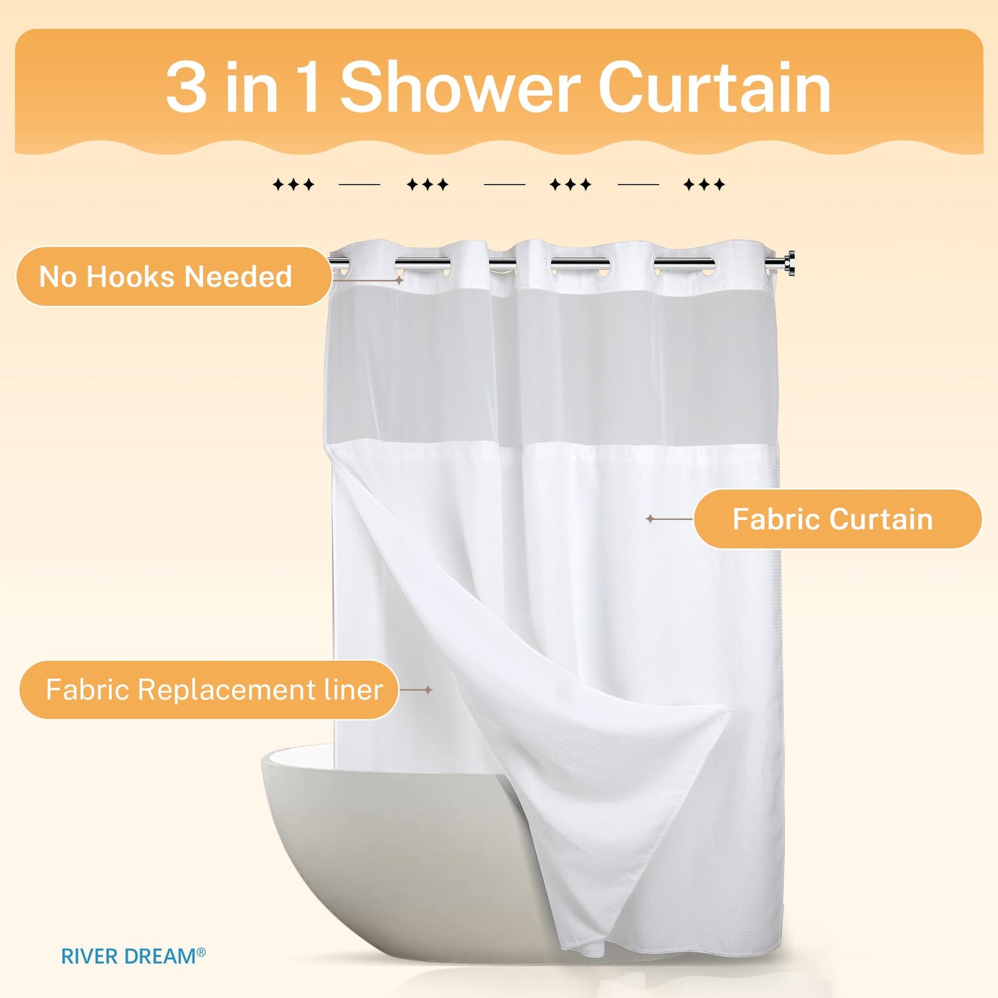 River Dream Heavyweight No Hooks Required Dotted Waffle Weave Shower Curtain with Snap in Liner，Bathroom Curtains Shower Set - 71W x 74H,Hotel Grade,Spa Like Bath Curtain,White