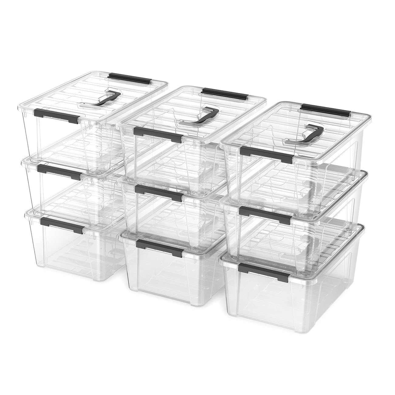 Krihan Clear 9-Pack Plastic Storage Bins with Lids, 6 Quart Stackable Containers Organization with Latch Buckle