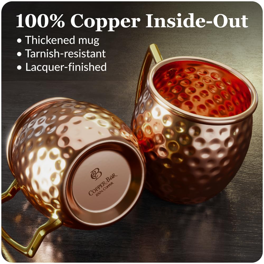 COPPER-BAR Moscow Mule Copper Mugs - Unique HANDCRAFTED Gift Set of 4, Hammered by Artisan, 100% Pure Solid Copper Cups 16oz for Drinking Water & Cocktails, Include 19 Pcs accessories & Special Opener