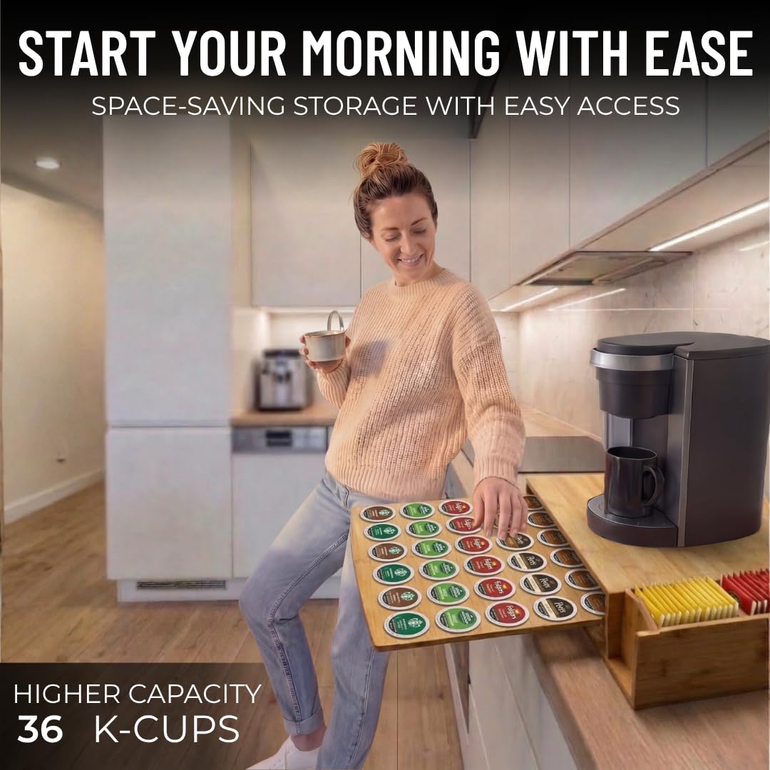 HAUSFY Bamboo Keurig Pod Organizer, Large 36 K-Cup Capacity Aesthetic Under Machine K-Cup Storage Drawer, Space-Saving Keurig Stand With Storage, 3 Slots For Tea & Spoons, Fits Keurig Brewers