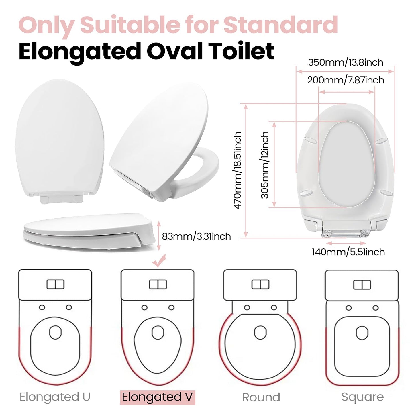 SS114 Elongated Toilet Seat Compatible with TOTO SS113/SS154/SS224/SS204, Soft Close Elongated Toilet Seat, Traditional Toilet Seat Replacement with Toilet Bolts and Nut - Cotton White