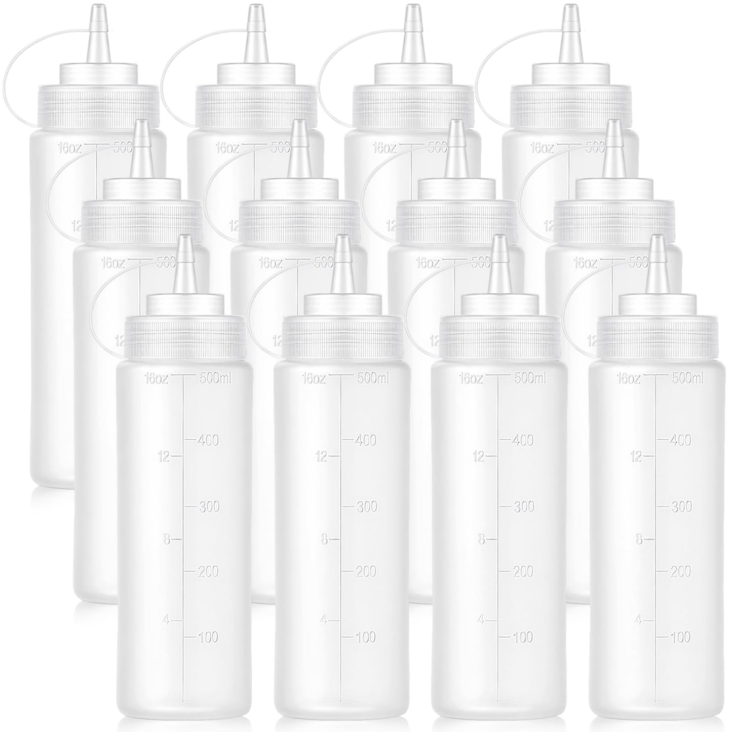 Bekith 12 pack 16 Oz Wide Mouth Plastic Squeeze Condiment Bottles with Twist On Cap Lids and Discrete Measurements, Empty Squirt Bottle For Sauce, Ketchup, Paint