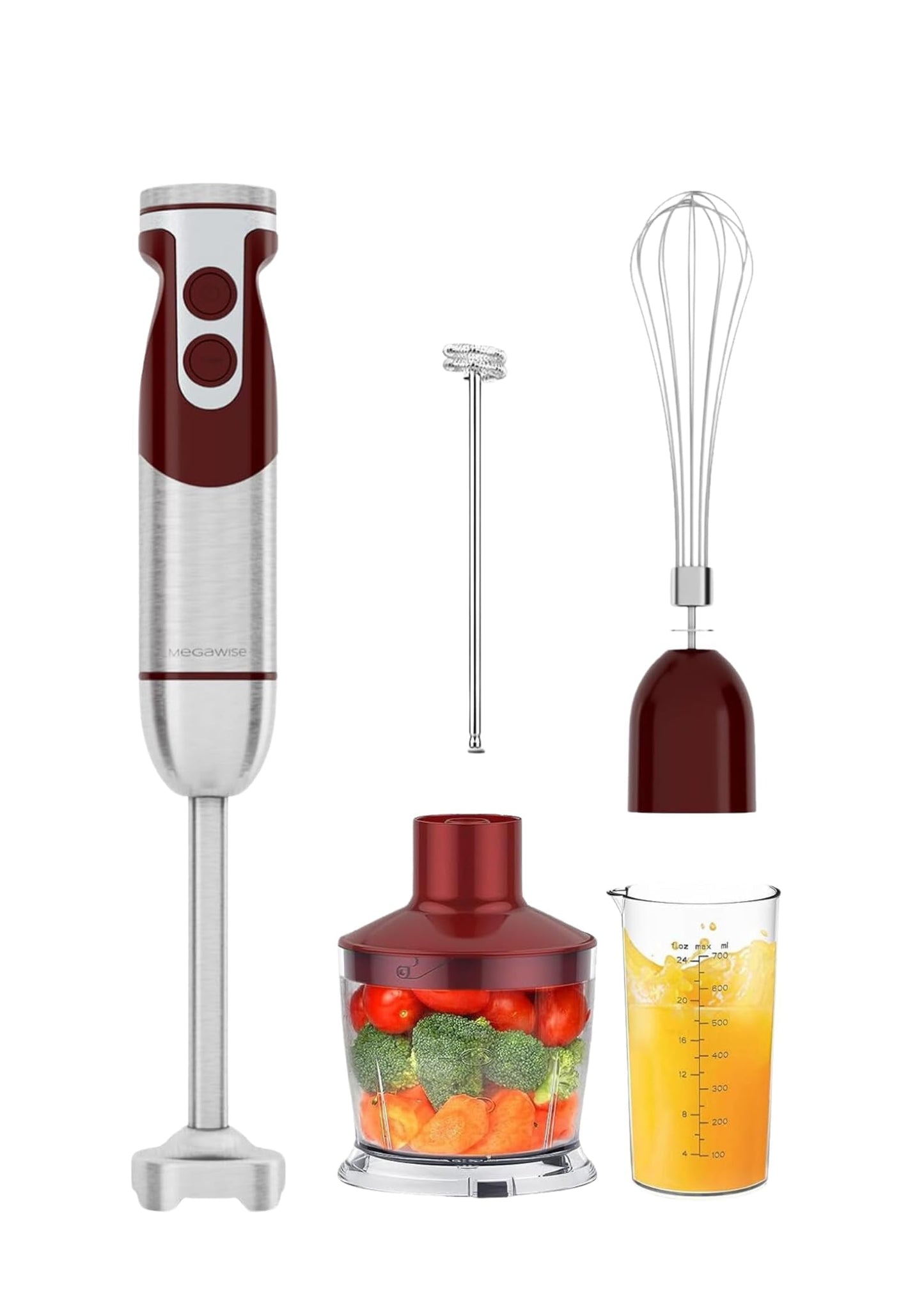 MegaWise Pro Titanium Reinforced 5-in-1 Immersion Hand Blender, Powerful Motor with 80% Sharper Blades, 12-Speed Corded Blender, Including 500ml Chopper, 600ml Beaker, Whisk and Milk Frother (Red)