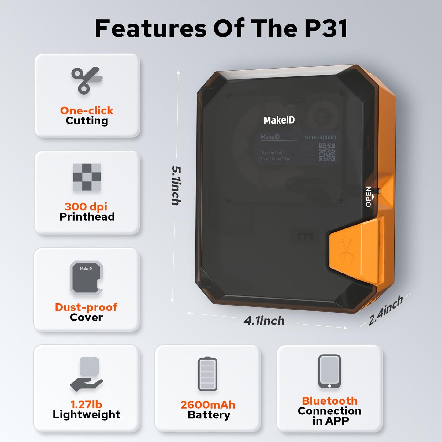 Makeid P31 Industrial Label Maker, Thermal Transfer Label Printer Portable Bluetooth Labeler with 0.71" W x 26.24ft L Label, Wire and Cable Labeling Machine for Job Sites, Fast Creat and Print Label