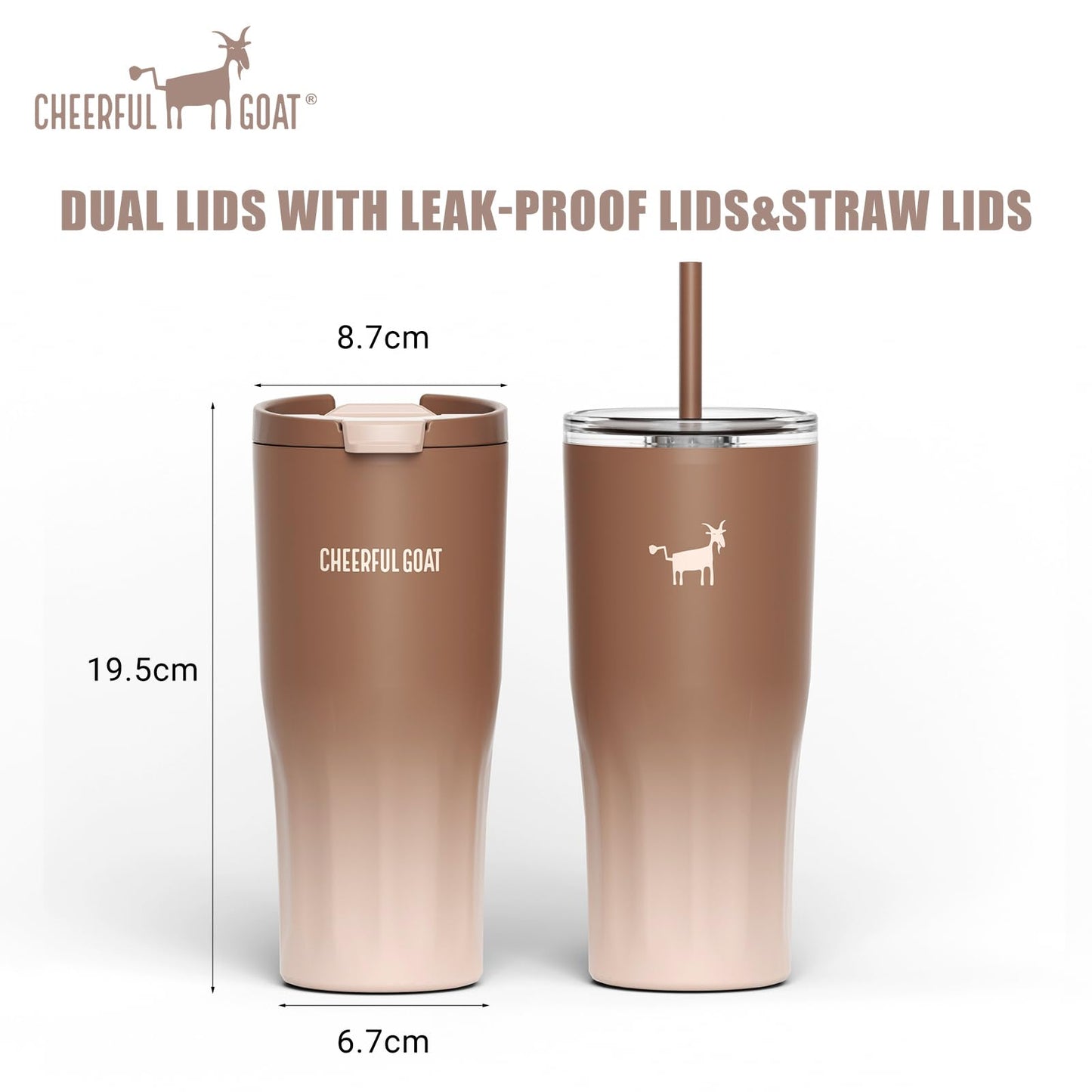 CHEERFUL GOAT Ceramic Lined Coffee Travel Tumbler - Stainless Steel Travel Mug with Ceramic Liner and Lid, 21 OZ Cup for Hot and Cold Beverages at Home or on the Go (Latte Ombre)
