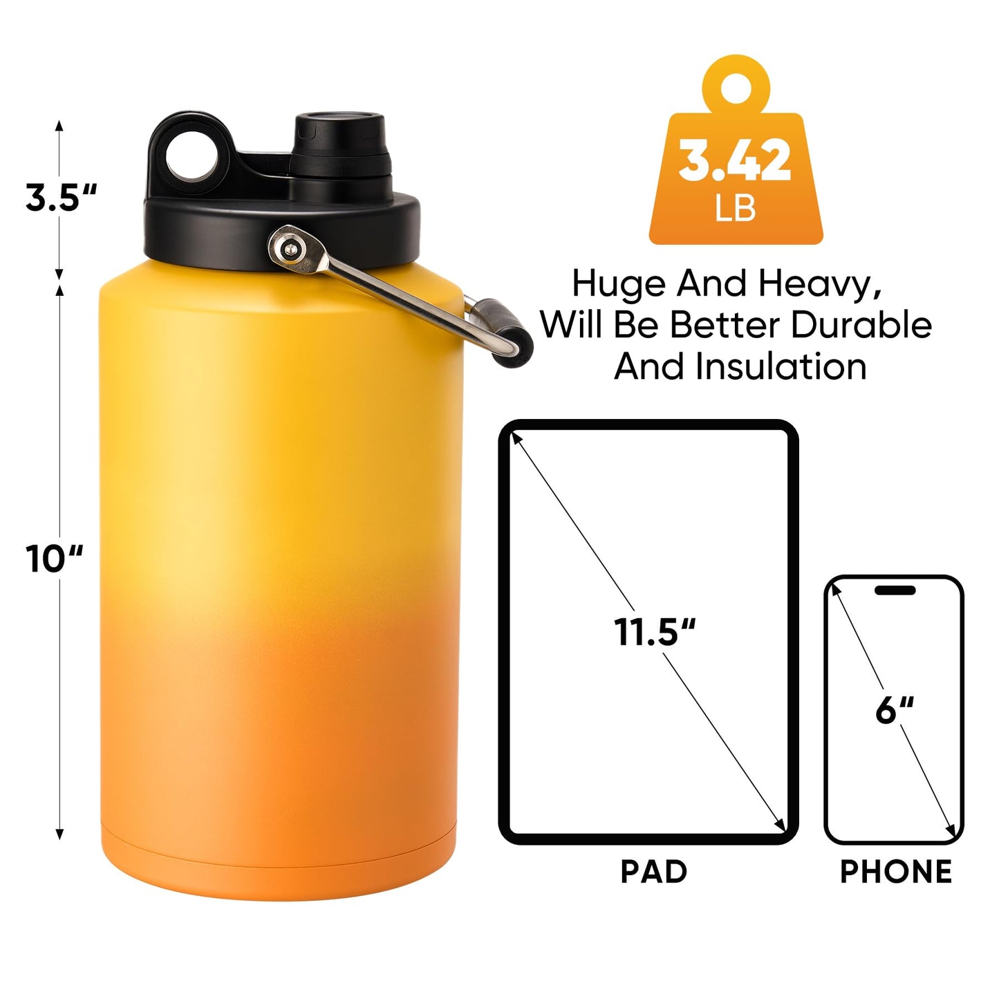 Kerilyn Insulated Gallon Jug with Handle, One Gallon, 128oz Stainless Steel, Large Double Vacuum Water Bottle for Hot & Cold Drinks, Wide Mouth, Sweat Proof, Great for Travel, Camping, Orange