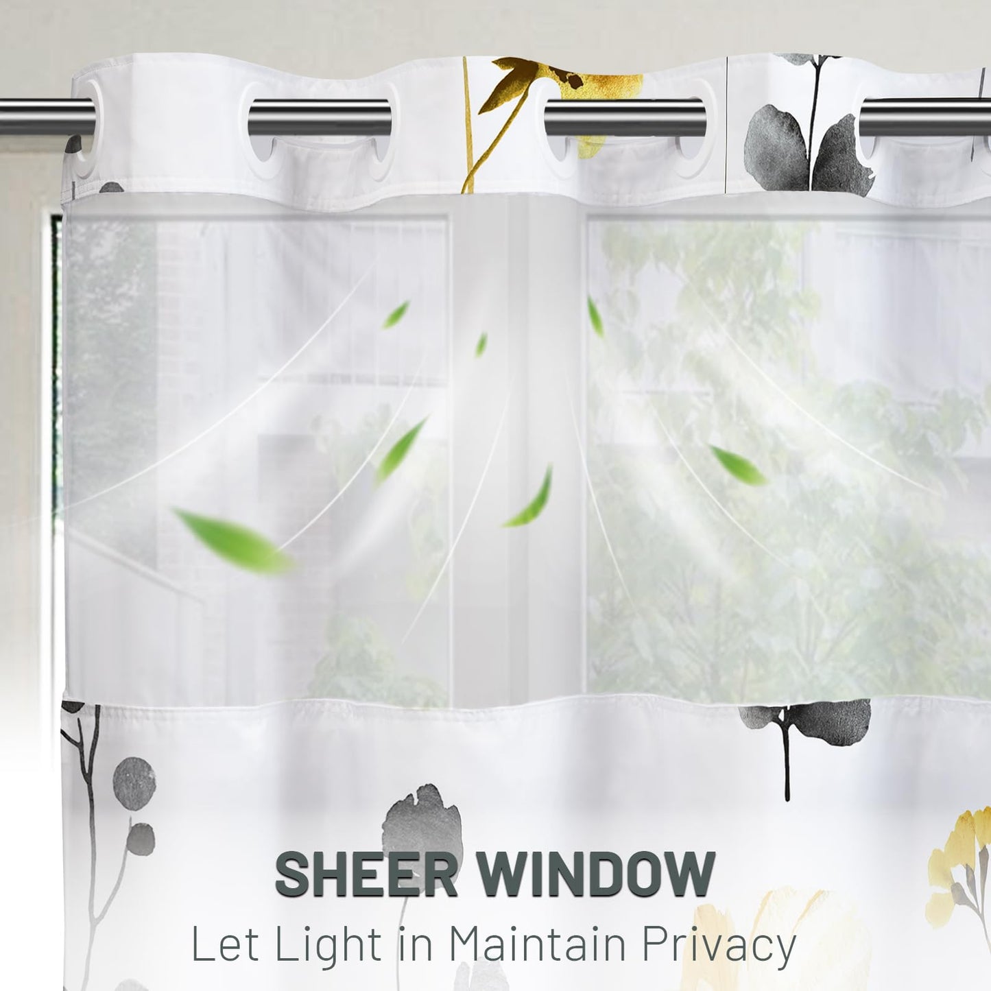 WITHLOC No Hook Shower Curtain with Snap in Liner - Floral Shower Curtain - Fabric Waterproof Inner Liner, Plants Watercolor Yellow Gray Modern Cloth Shower Curtains - Machine Washable, 71 x 74