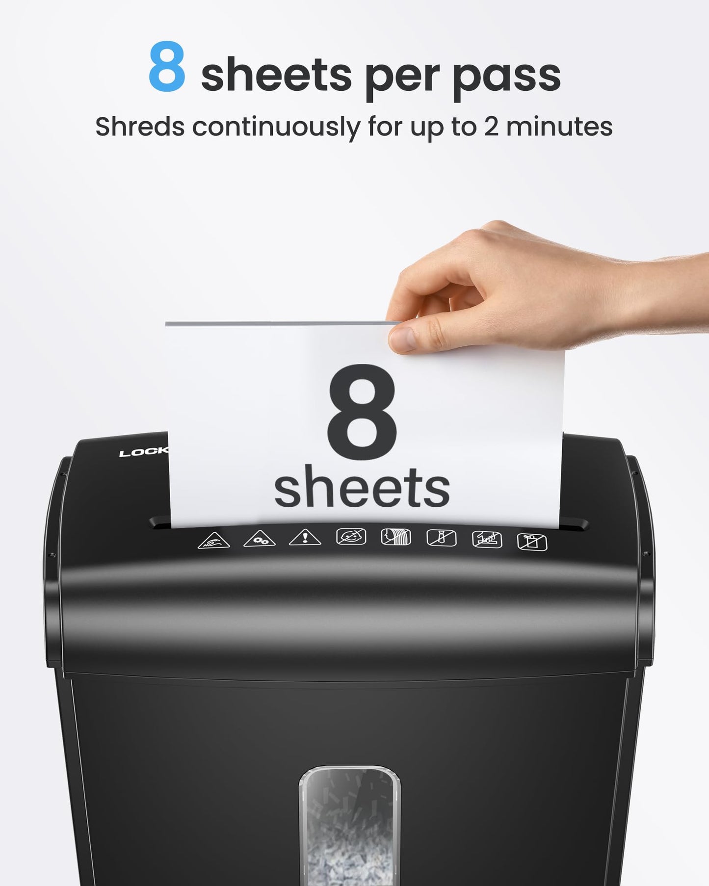 Locksworth 8-Sheet Micro Cut Paper Shredder P-4 High Security for Home Office Use with Handle, Shreds Credit Card/Staple 4 Gallons(Black) Visual Window Wastebasket