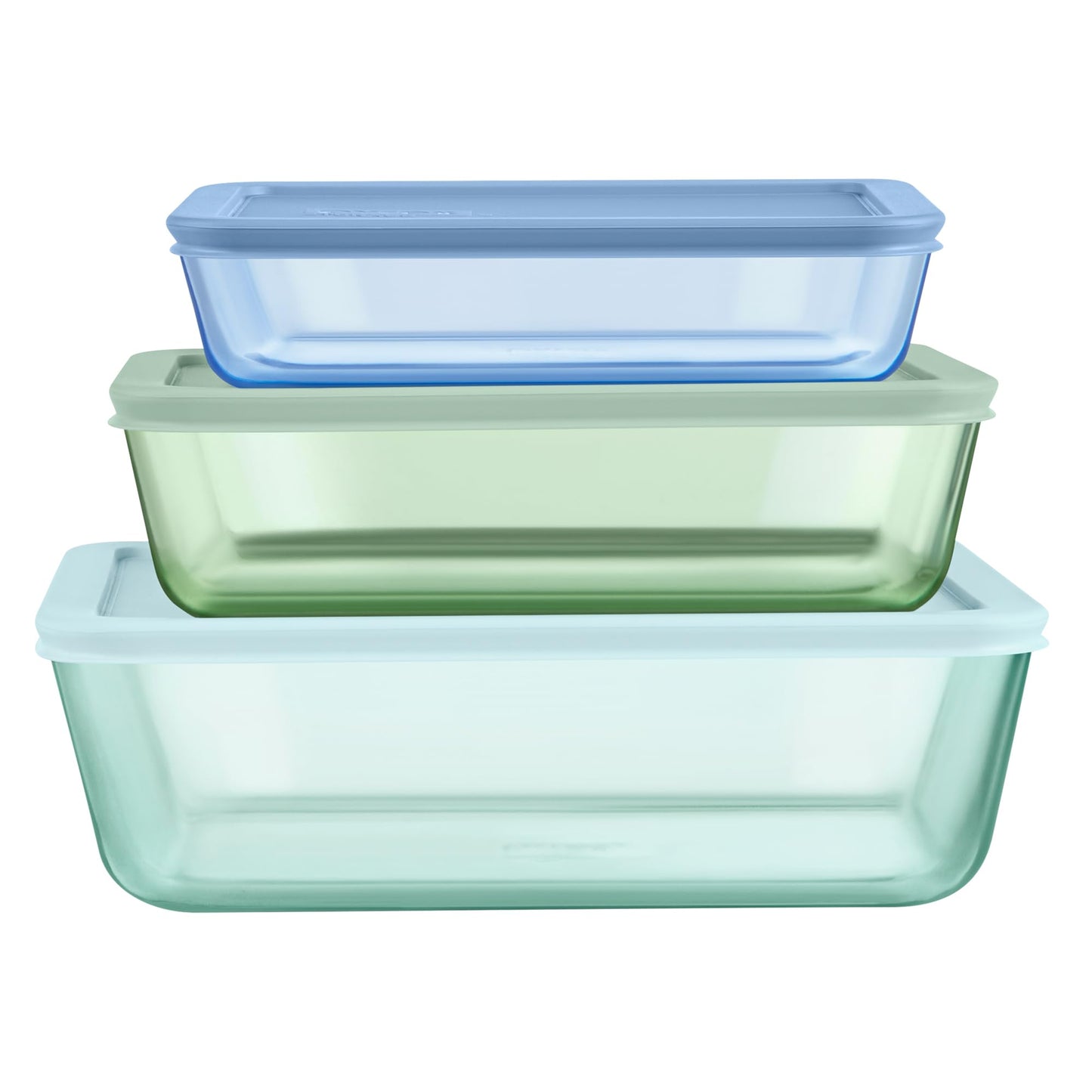 Pyrex Colors (3-Pack, Large) Tinted Glass Rectangle Food Storage Container Set, Snug Fit Non-Toxic Plastic BPA-Free Lids, Freezer Dishwasher Microwave Safe, 3 Cup, 6 Cup & 11 Cup