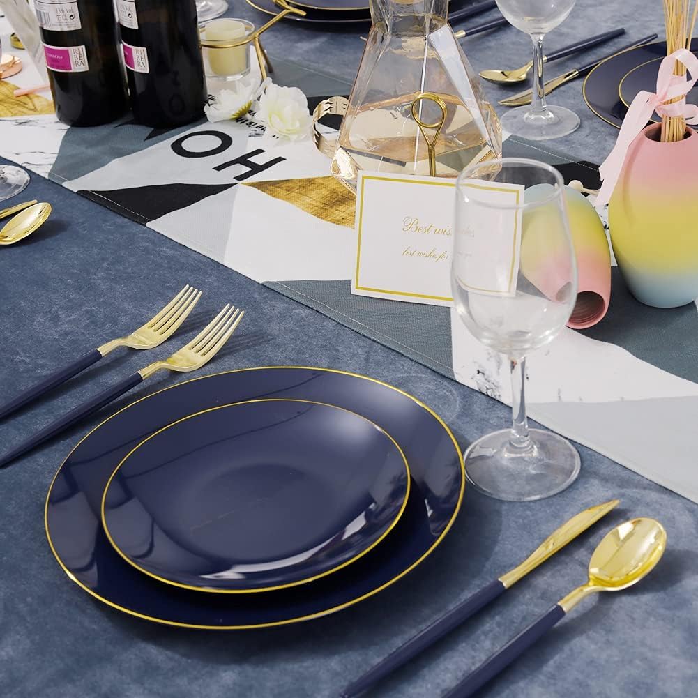Liacere 150PCS Blue Plastic Plates - Gold Plastic Silverware with Blue Handle - Navy Disposable Plates Include 30 Guests Plates,Forks,Spoons,Knives for Party & Graduation & Independence Day