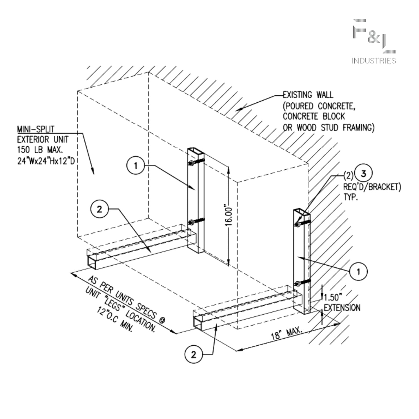 F&L Heavy-Duty Mini Split Wall Mount Bracket—Rust-Resistant Aluminum AC Support for Ductless Heat Pump Systems—Universal Fit, 700 lb Capacity—Approved by Florida Building Code (18"x18" Heavy Duty)