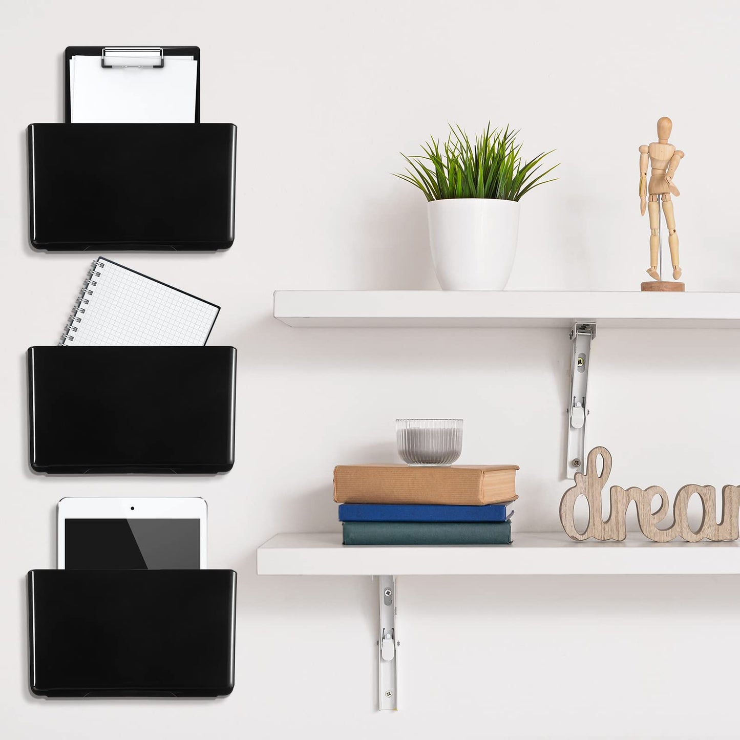 Colarr 8 Pcs Wall File Holder Organizer Plastic Wall Mount Mail Organizer with Screws Single Pocket Hanging Folder Paper Magazine Holder for Walls Office Home Classroom(Black)