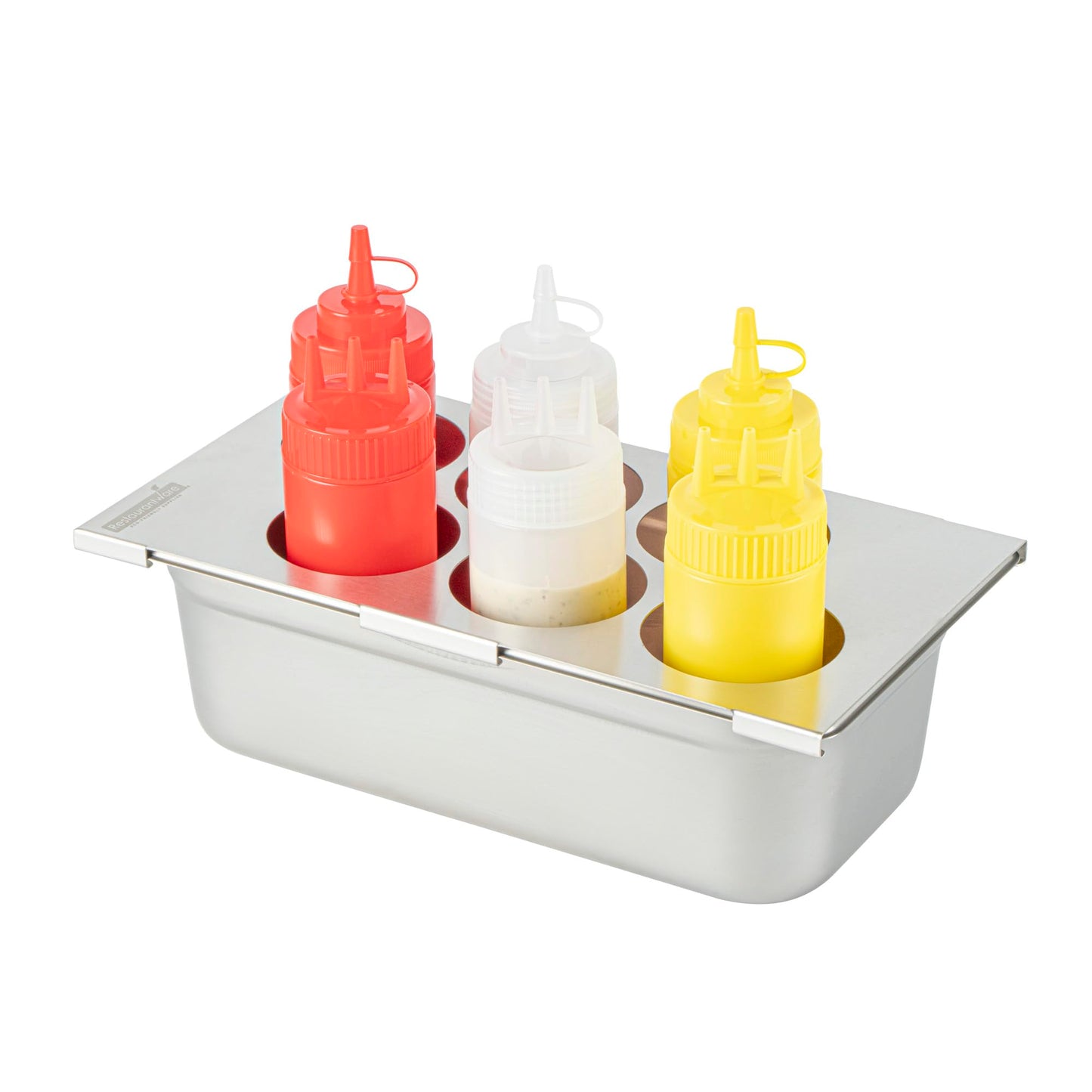Restaurantware Six Hole Condiment Organizer - 12.795 x 7.087 Inch Stainless Steel Squeeze Bottle Holder With Compact Design For Kitchen Prep Stations - Silver Durable Sauce Rack