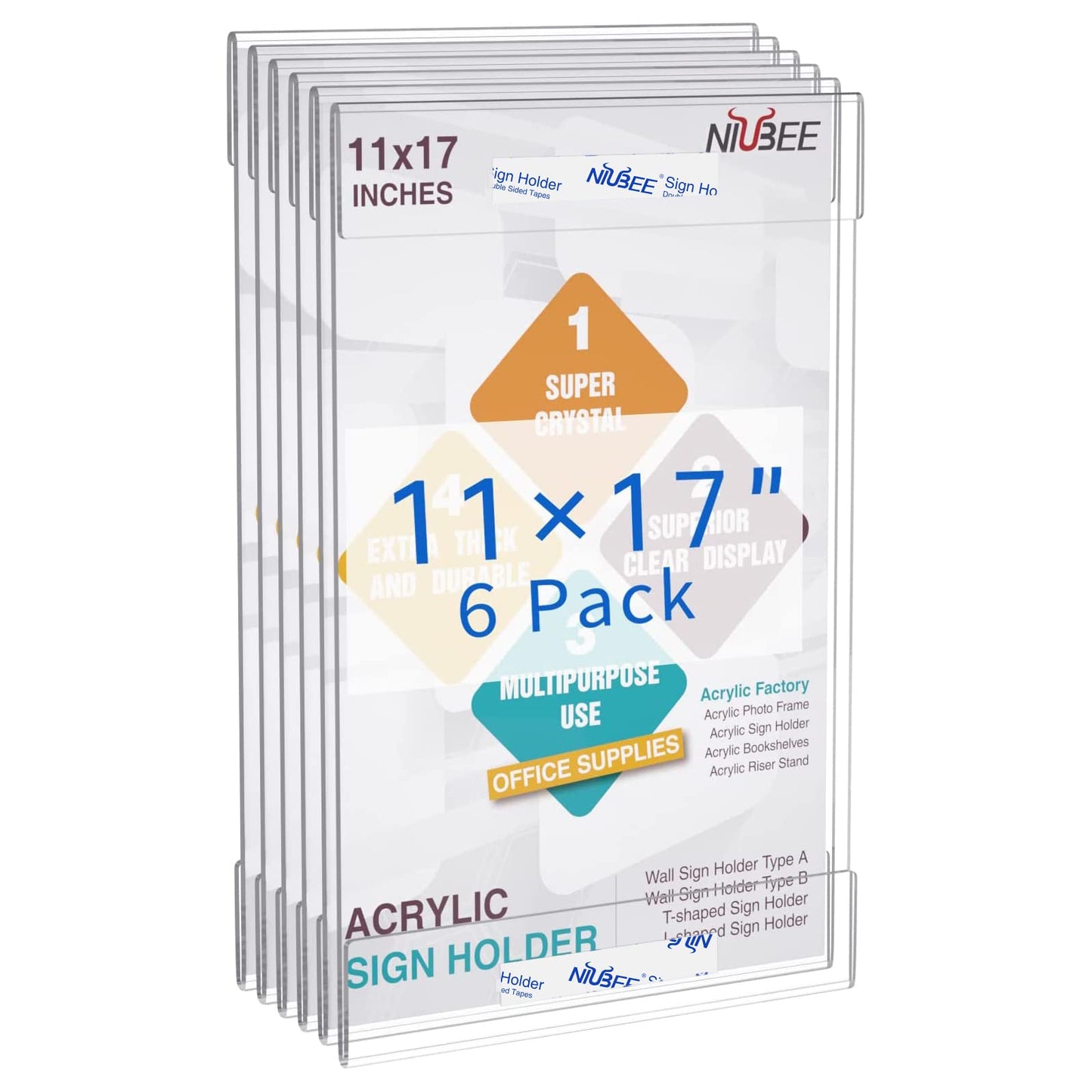 Niubee 6 Pack Acrylic Sign Holder 11 x 17 inches Wall Mount Sign Holders Clear Acrylic Frame with Double Sided Tape Clear Poster Frames Plastic Sign Holder for Office, Home, Restaurant, Vertical