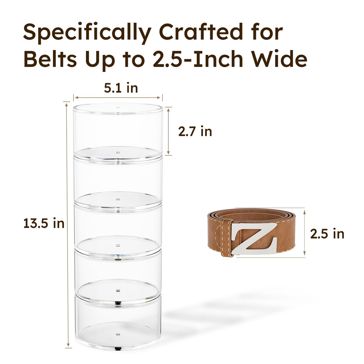 FEMELI Belt Organizer, Acrylic Belt Storage Holder for Closet & Drawer, 5-Layer Stackable Display Case for Belts, Watches, Jewelry and Ties
