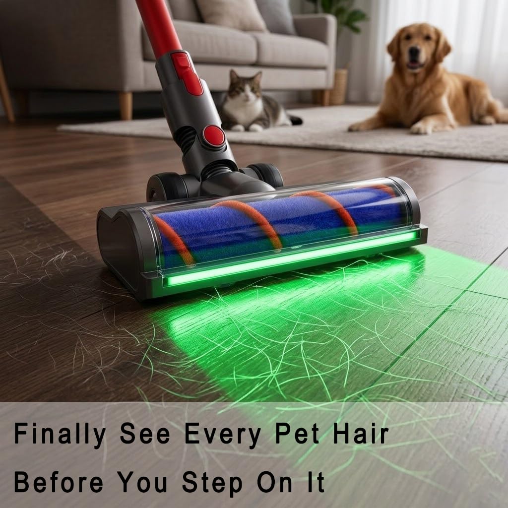 Full-Area LED Soft Roller Cleaner Head for Dyson V15 V11 V10 V8 V7 Gen5 G5 Animal Absolute, Green Light Dust Detection, Hardwood Floor Attachment, Quick Release Replacement Part
