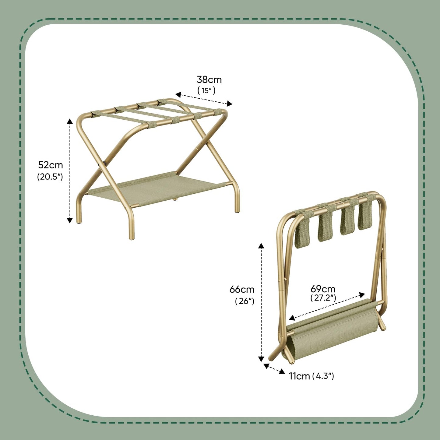 Smart FENDEE Set of 2 Luggage Rack for Guest Room, Folding Suitcase Stand with Shoe Shelf, Easy Assembly, Portable, Hold up to 110 lb, Gold