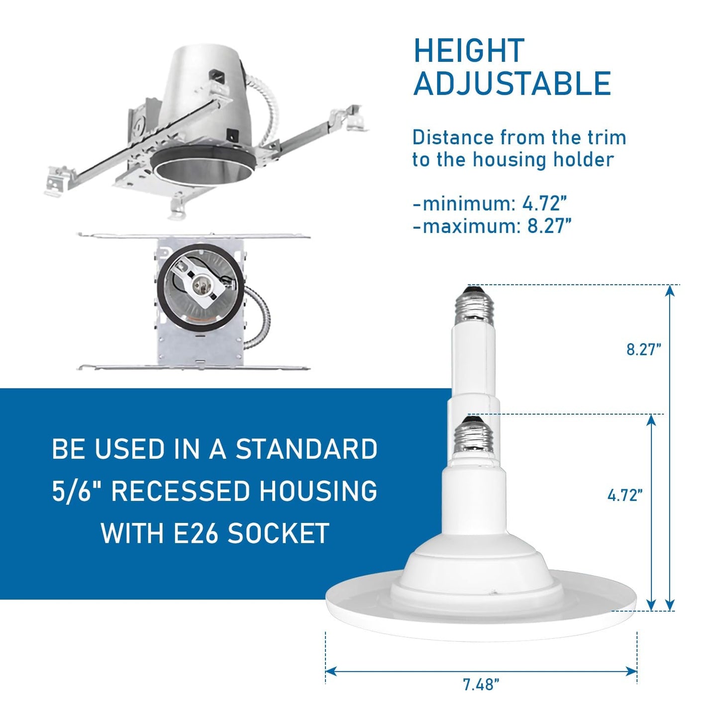 Jolux 5/6 Inch 5CCT Retrofit LED Recessed Lighting 4 Pack, Adjustable 5CCT 2700K-5000K, LED Replacement Can Lights,Dimmable,12=60W, E26 Base, Flat Trim,Easy Retrofit Downlight Installation.