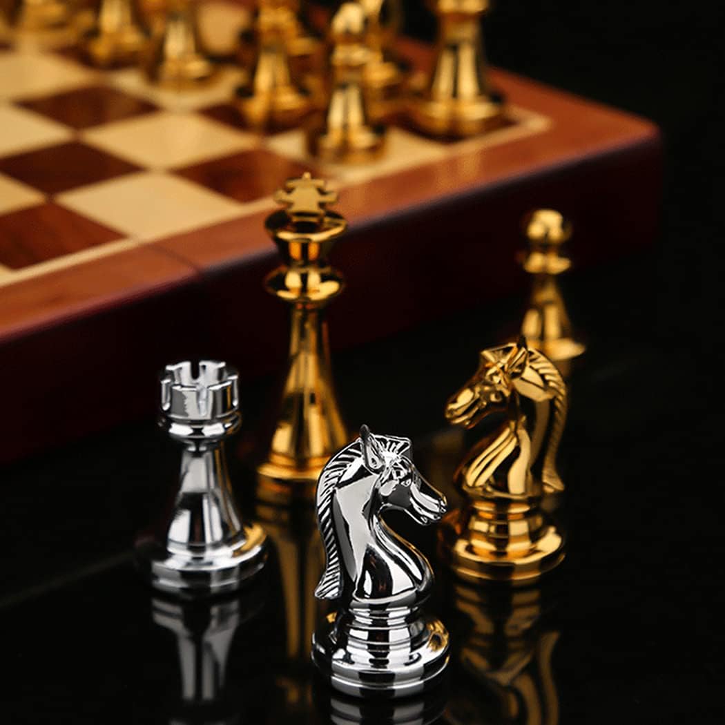 11Inch Large Deluxe Metal Chess Set - Portable Wooden Box with Alloy Pieces, Folding Board, Ideal for Adults