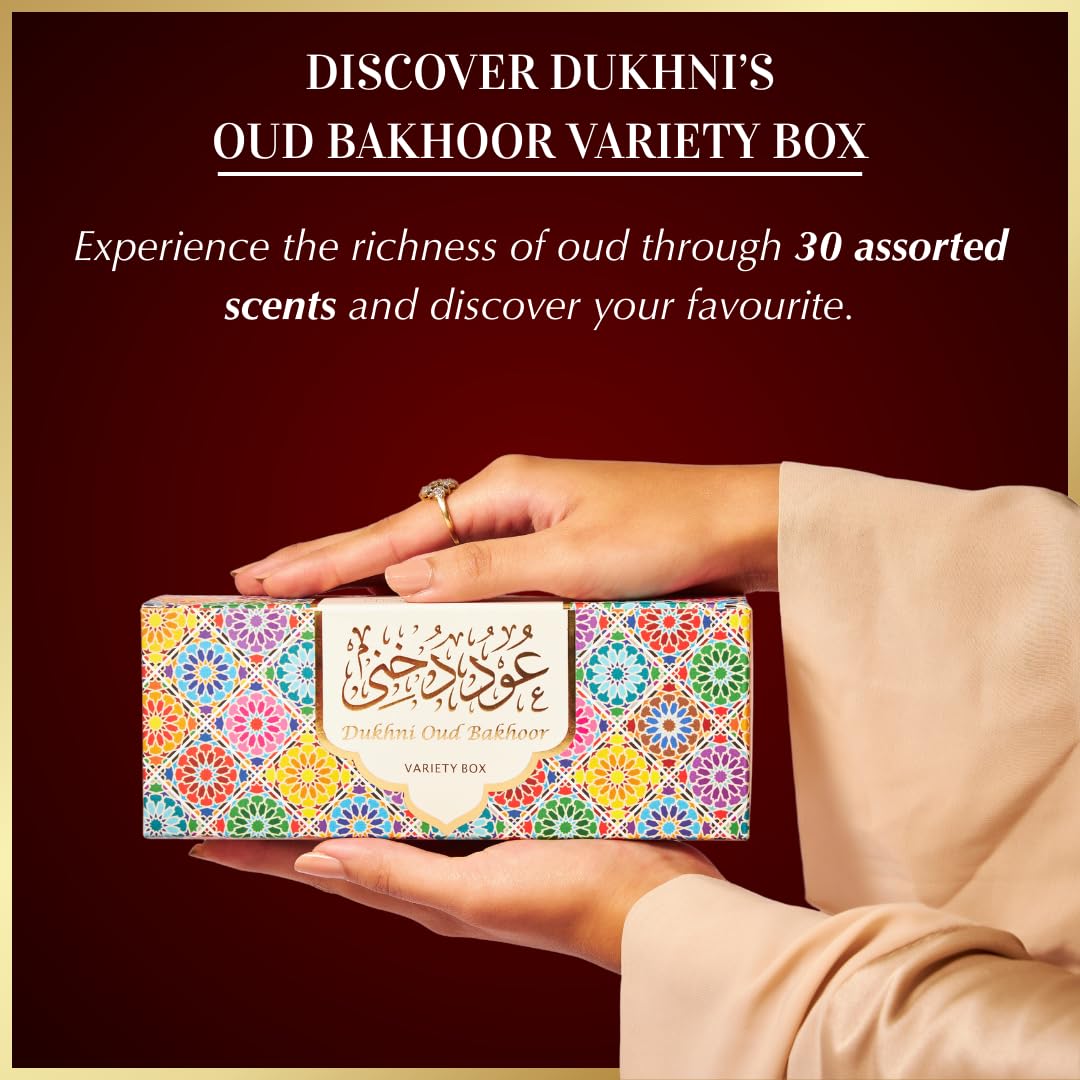 Oud Bakhoor Variety Box by Dukhni | Assorted Box | 30 Pieces Bakhoor | Gift Set & Refill Kit | Arabic Incense | Islamic Gifts, Eid & Ramadan Gift | Luxurious, Long Lasting