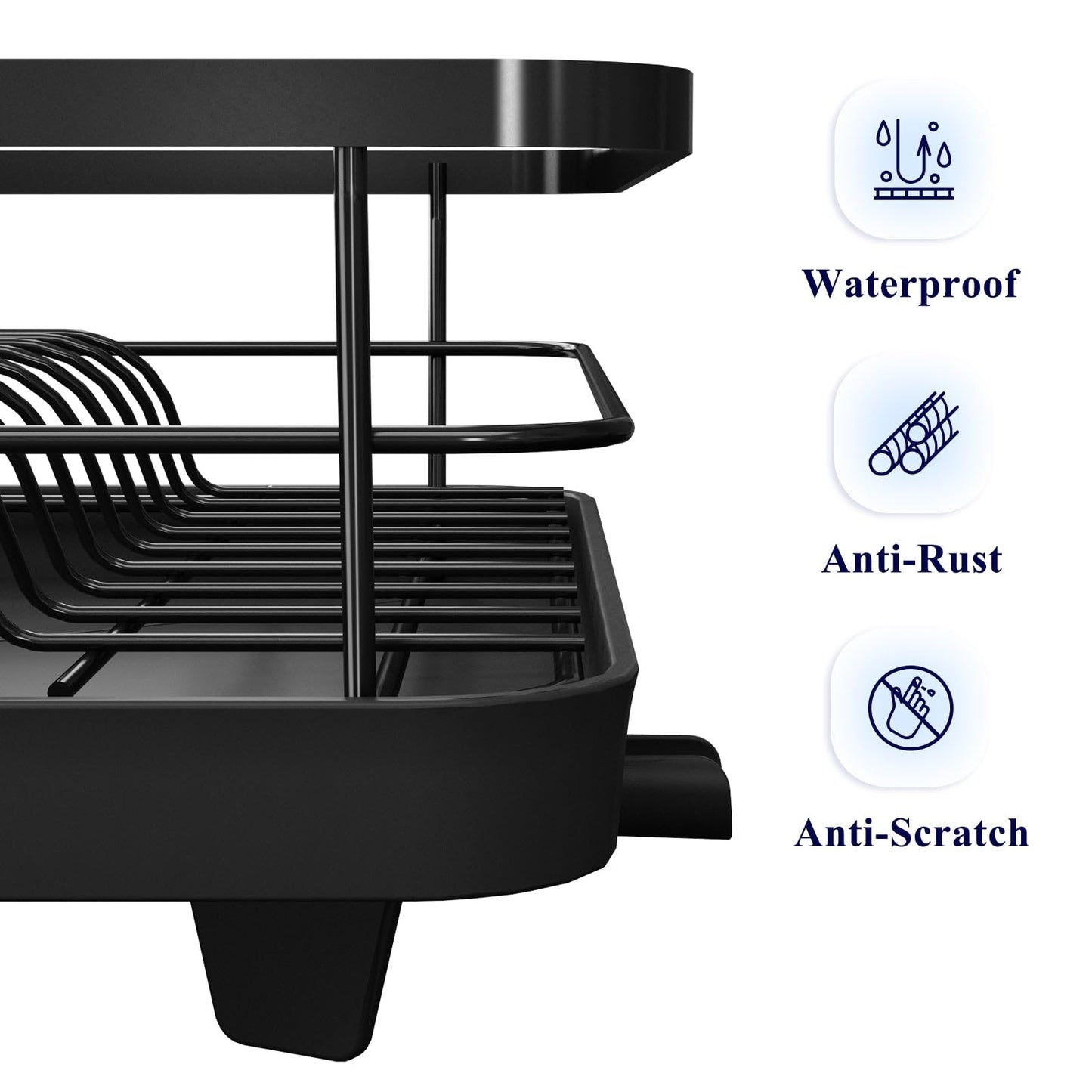 Kitsure Dish Drying Rack for Kitchen Counter, Stainless Steel Sink Organization and Storage Essentials with Cutlery Holder, Home and Appartment Decor, 12.2''W x 15.7''~23''L, Black