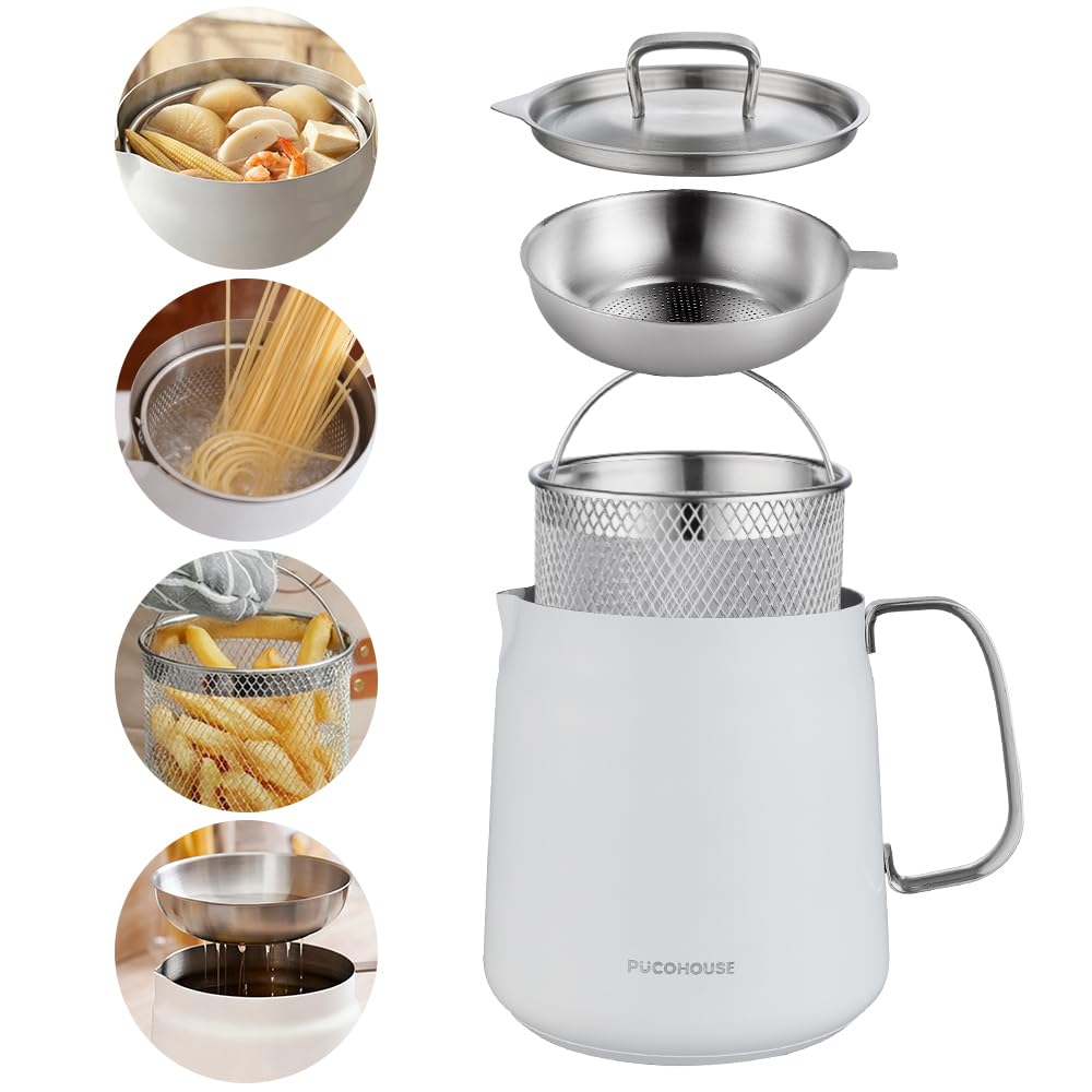 PUCOHOUSE Small 304 Stainless Steel Deep Fryer with Basket & Strainer, 2L Compact Fryer Pot for Frying, Cooking, Camping, Oil Filter Container (White)
