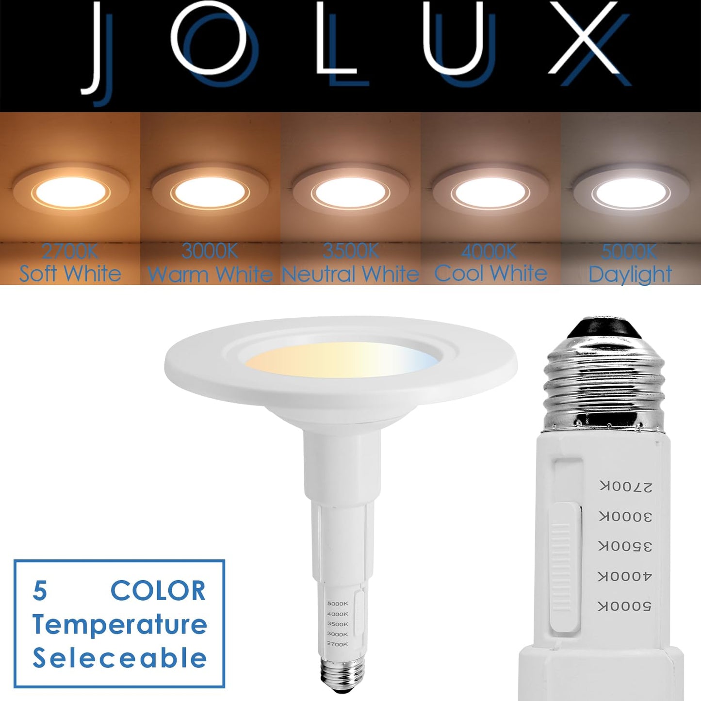 Jolux 5/6 Inch 5CCT Retrofit LED Recessed Lighting 4 Pack, Adjustable 5CCT 2700K-5000K, LED Replacement Can Lights,Dimmable,12=60W, E26 Base, Flat Trim,Easy Retrofit Downlight Installation.