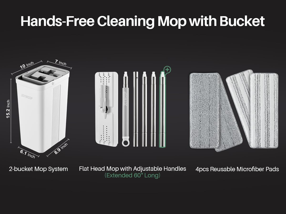 JOYMOOP Flat Mop System, Microfiber Mop and Bucket Set, White, Commercial & Household Use, Hardwood Floor & Wall Cleaning Mop with Long Handle, 4 Microfiber Pads