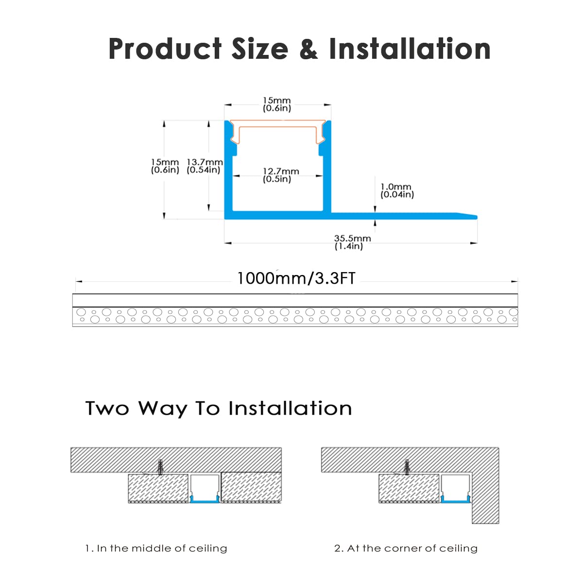 Besseto Plaster-in LED Channel 6 Pack 3.3FT/1 Meter Trim Edge Tile LED Strip Aluminum Channel, Trimless Recessed Drywall Aluminum LED Profile with Milky Diffuser and End Caps