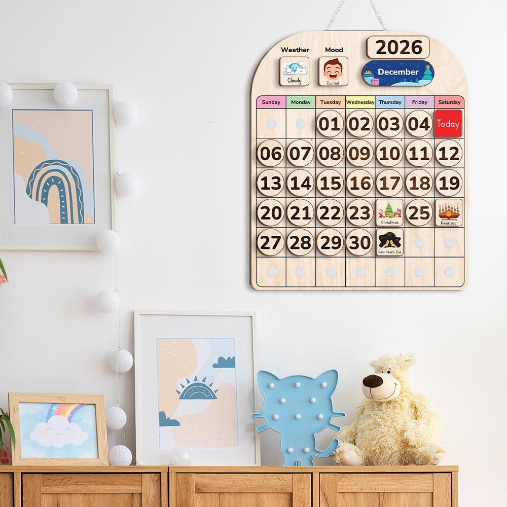 TinyKidz Wooden Calendar for Kids, Preschool Toddler Calendar Learning at Home and Classroom Teaching, Hanging Calendars for Kids, Months and Days of The Year