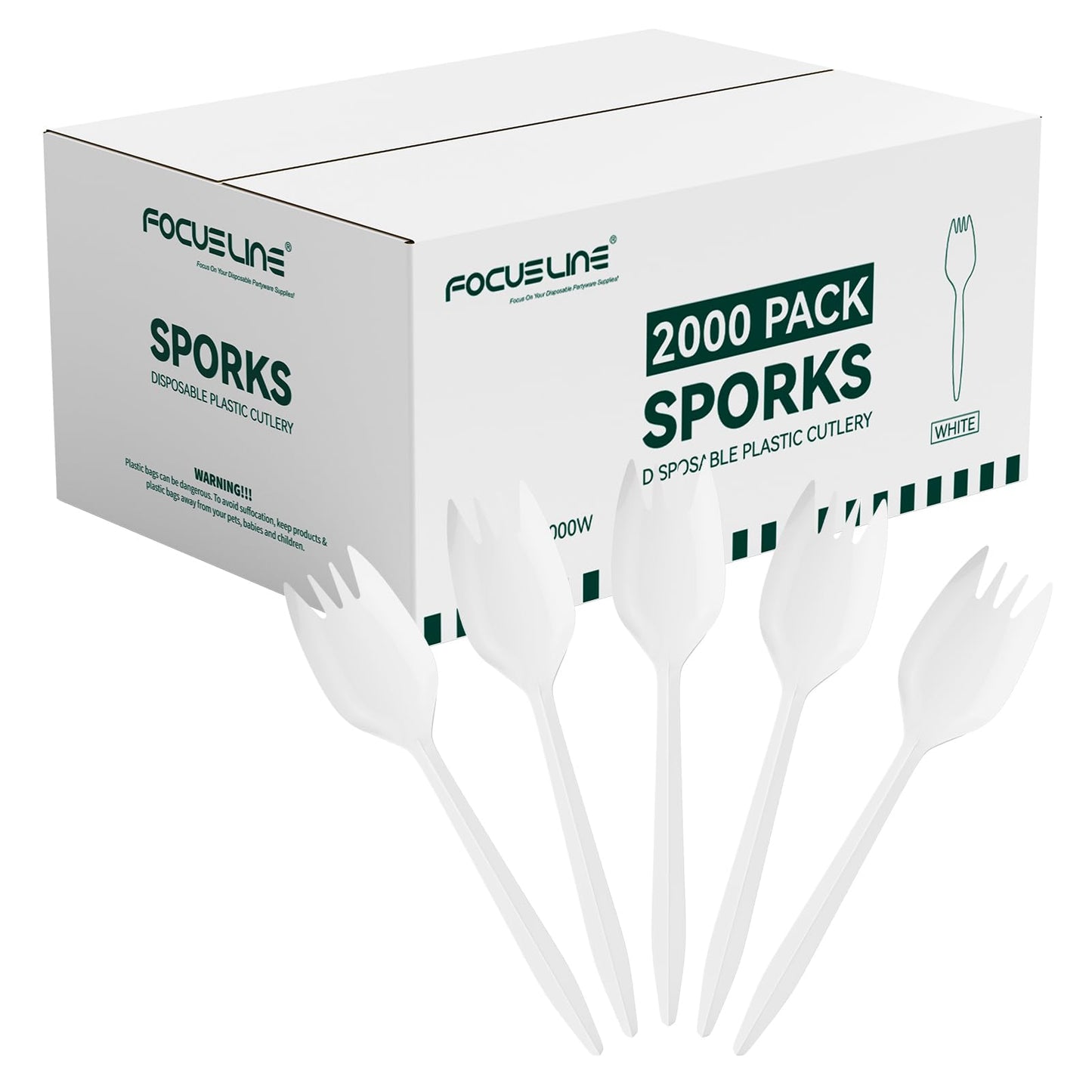 FOCUSLINE 2000 Pack White Disposable Sporks, Heat Resistant Plastic Sporks Bulk, Plastic Silverware for Take out Restaurants, Parties, Picnics, Travel & Any Events
