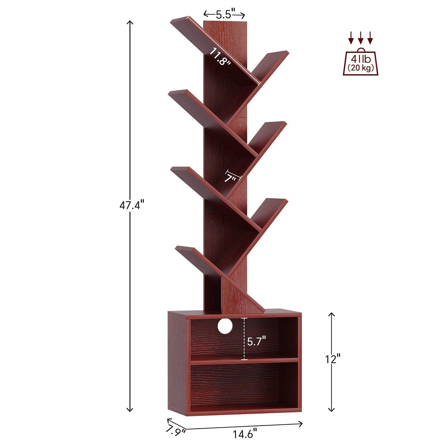 SUNMORY 6 Tier Tree Bookshelf, Tall Bookcase with Storage Cabinet, Modern Narrow Bookshelves Organizer, Floor Standing Book Shelf for Bedroom/Living Room/Home Office/Corner, Cherry