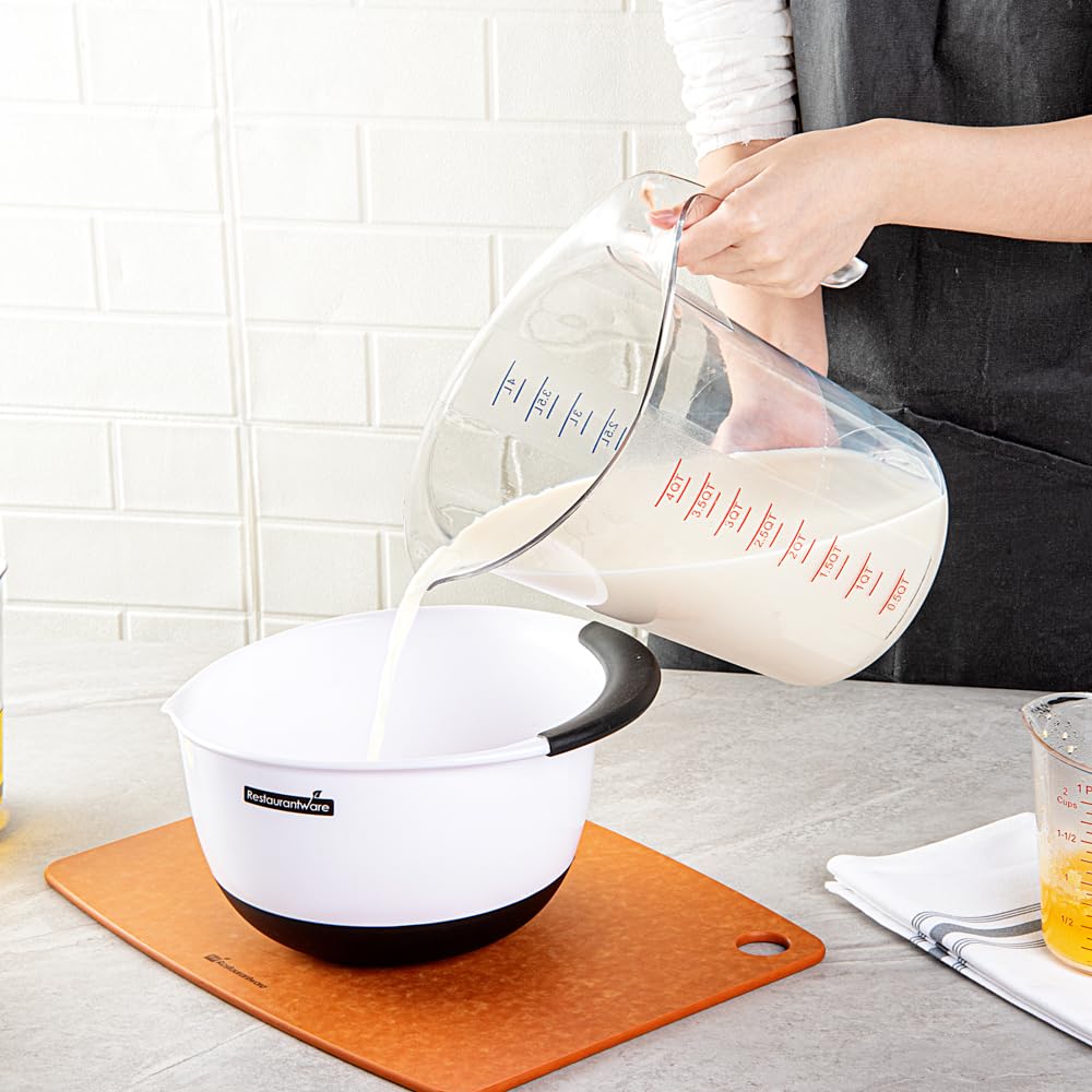 Restaurantware RW Base 4 Quart Measuring Jar 1 Durable Measuring Beaker - Metric And Imperial Units V-Shaped Spout Clear Plastic Measuring Cup Handle With Thumb-Grip Tolerates Up To 248F