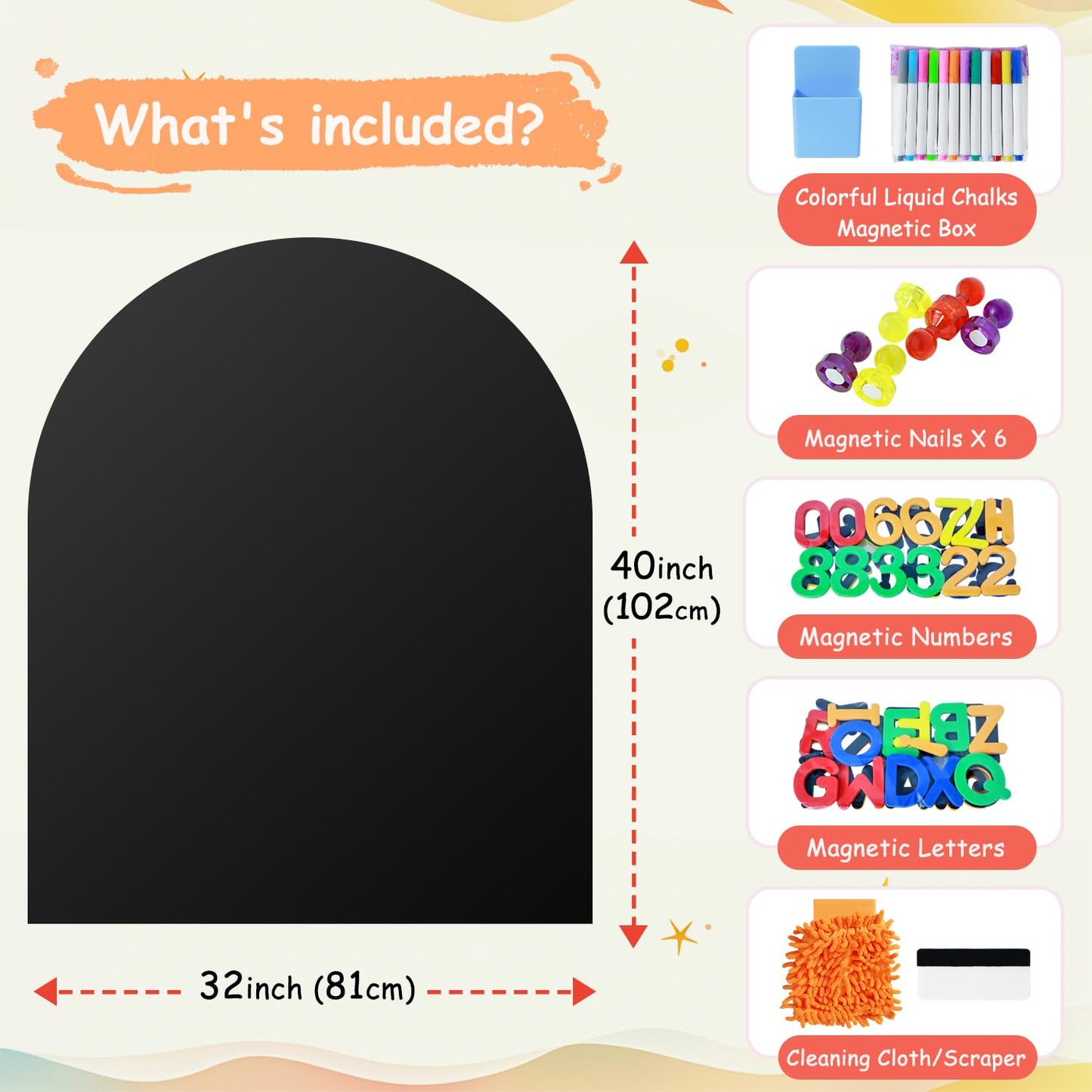 OMKSIH Magnetic Wall Decal 40x32 Inches Black Magnetic Wall Decal Arch Chalkboard with Multiple Accessories for Home Playroom