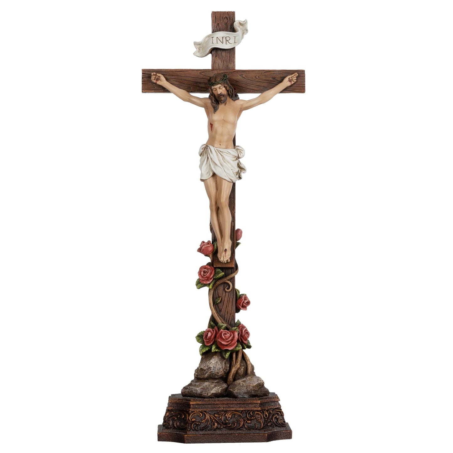 Grace4Joy Standing Crucifix, 14.5 Inches Jesus Christ Standing Cross With Rose-Decorated Base, Hand Painted Crucifix Stand for Catholic Home Table Altar Decor