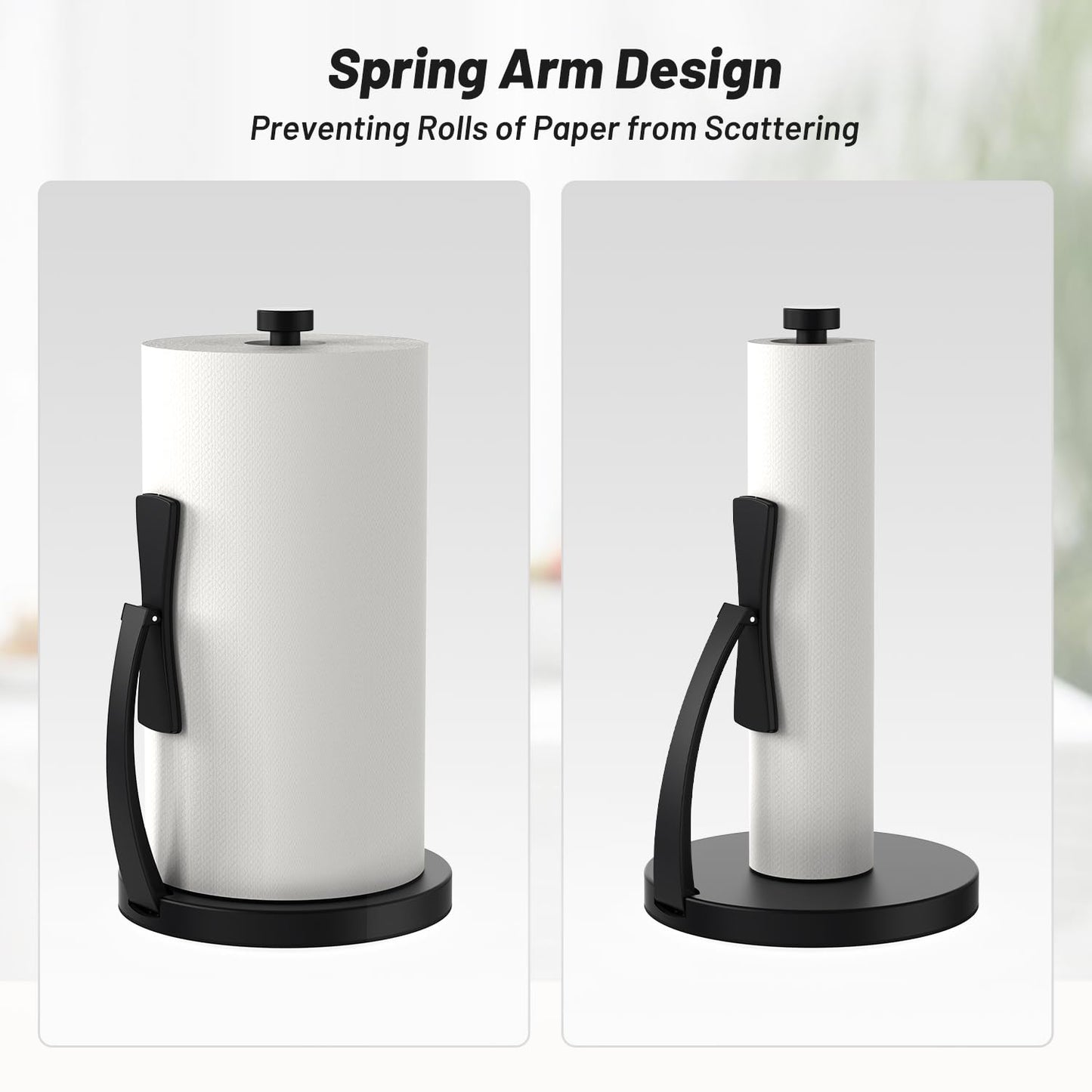 VEHHE Paper Towel Holder Countertop, Black Paper Towel Holder with Spring Activated Arm and Damping Effect, Simply Tear Paper Towel Stand for Bathroom and Kitchen (Black)