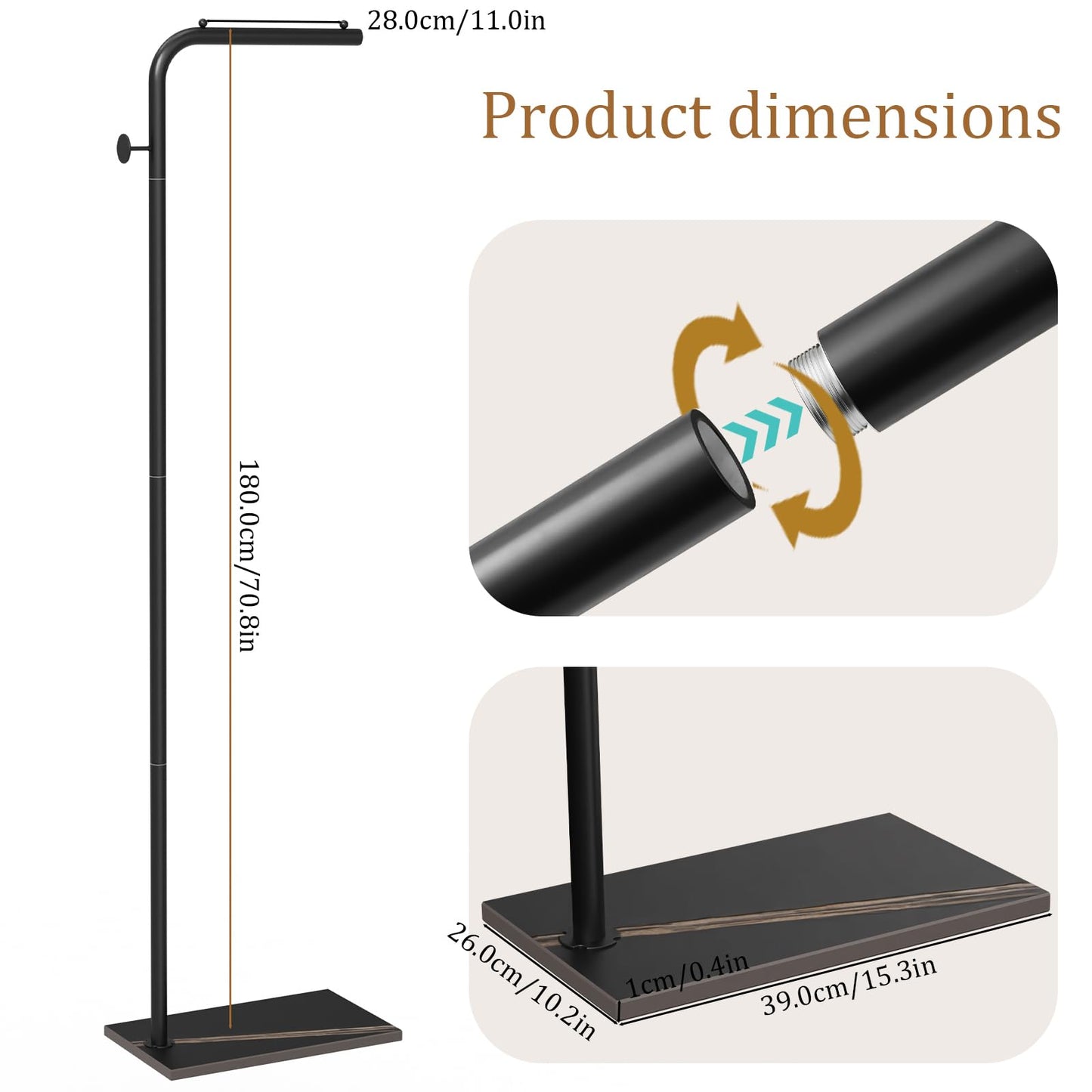 OUTBROS Coat Rack, Portable L-shaped Clothes Rack with Hook, Modern Hanger, Sturdy Freestanding Metal Clothing Rack, Used in Bedroom, Entrance and Living Room, 15.3x10.2x70.8 inch, Black