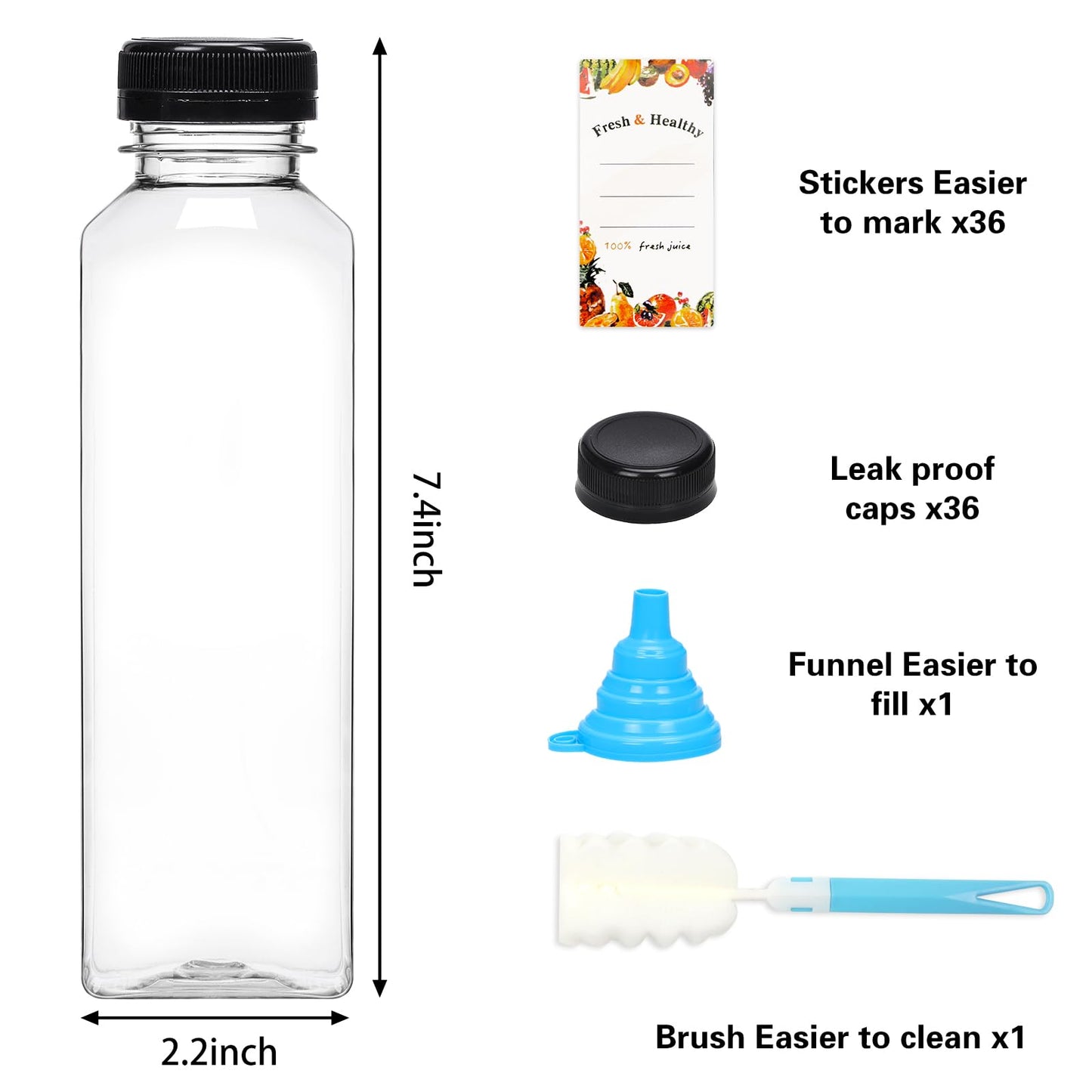 Moretoes 36pcs 16oz Juice Bottles, Plastic Bottles with Lids, Reusable Clear Containers for Juice, Smoothies, Cola, Water and Other Beverages