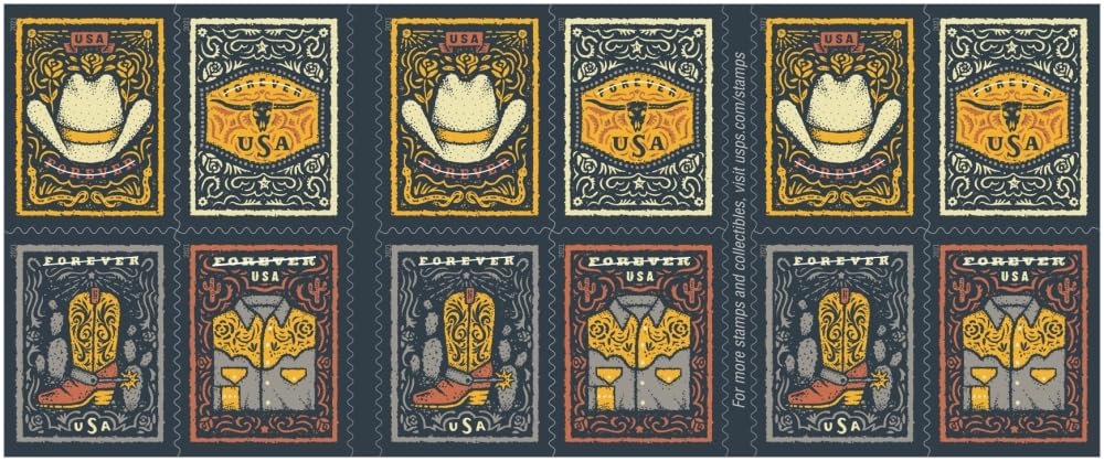 USPS Western Wear (Cowboy Hat, Belt Buckle, Cowboy Boot with Spur, Western Shirt) (Booklet of 20) Postage Forever Stamps 2021 Scott #5615-5618