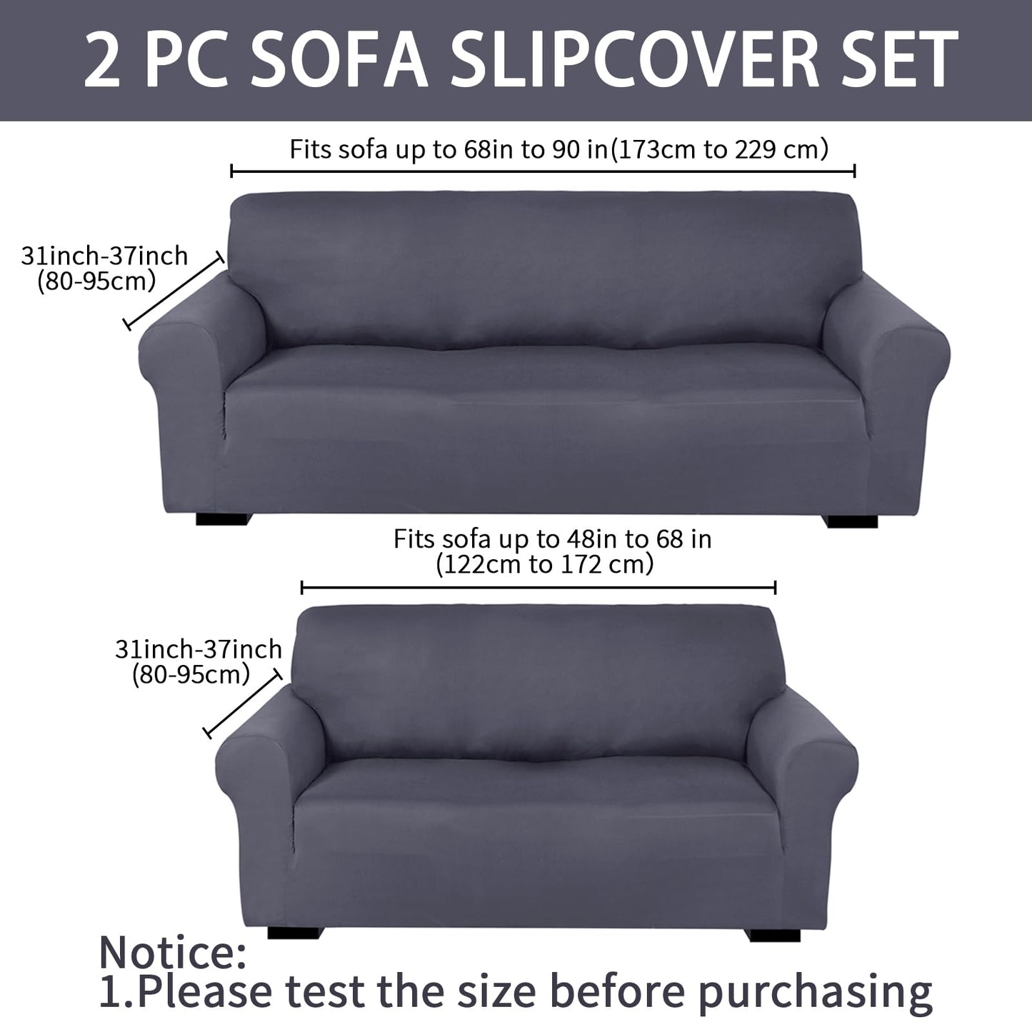 Peryiter 2 Pcs Sofa Covers Couch and Loveseat Covers Set Stretch Sofa Slipcover for Living Room Armchair Furniture Protector, Wrinkle Proof(Dark Gray,Milk Silk)